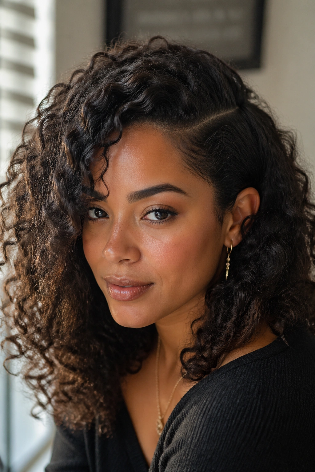 Real woman with a deep side part and ear tuck in curly hair.