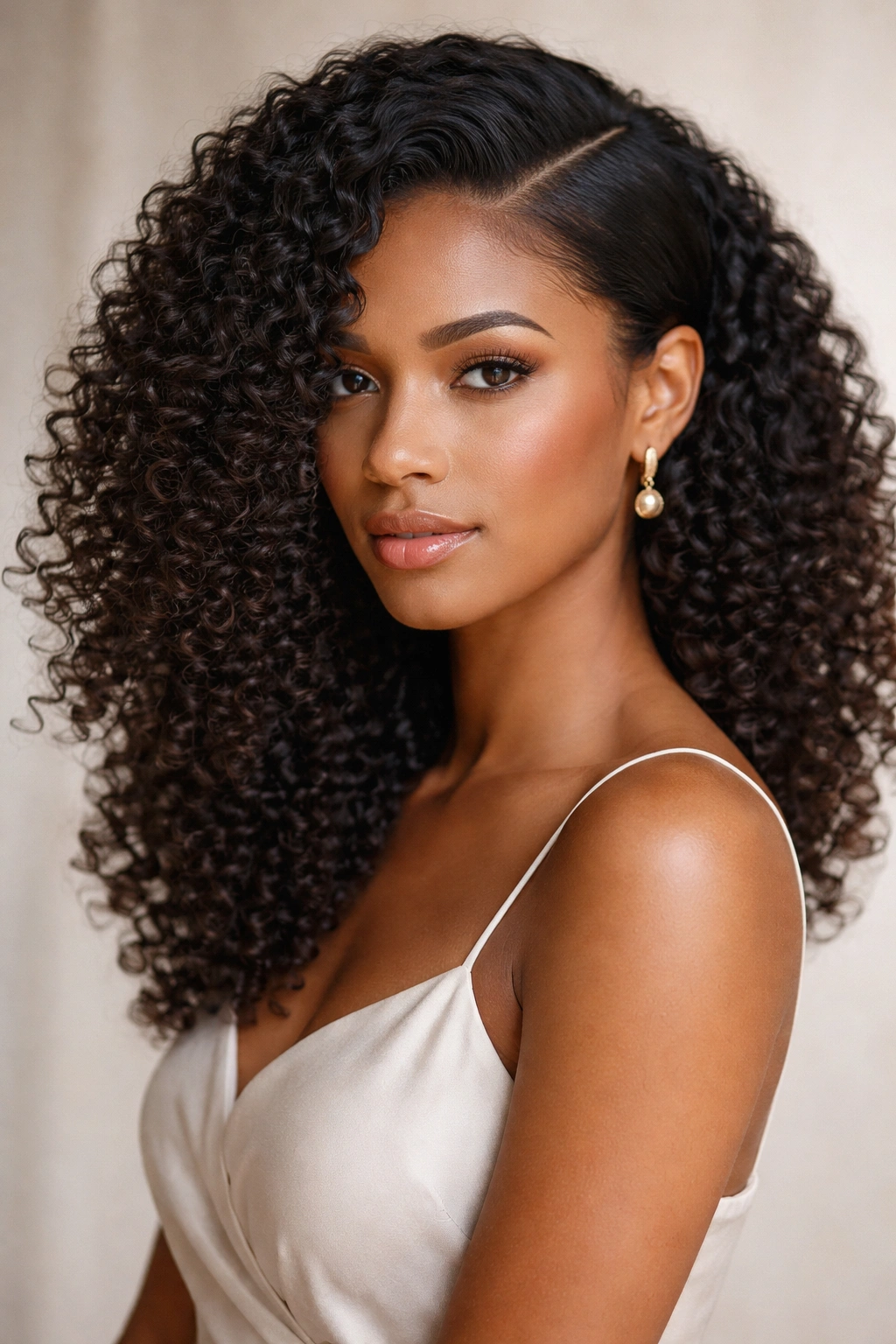 Deep side-parted natural curly hairstyle with a strong part and directional curls