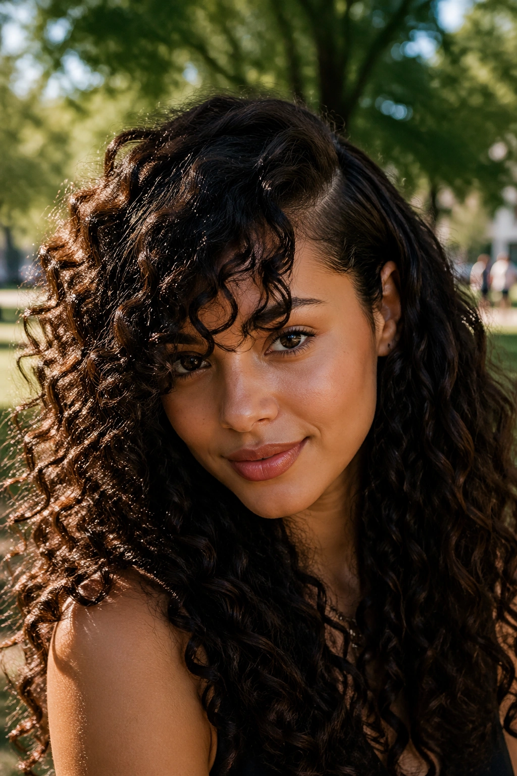 Portrait of a woman with a deep side part and curly bangs