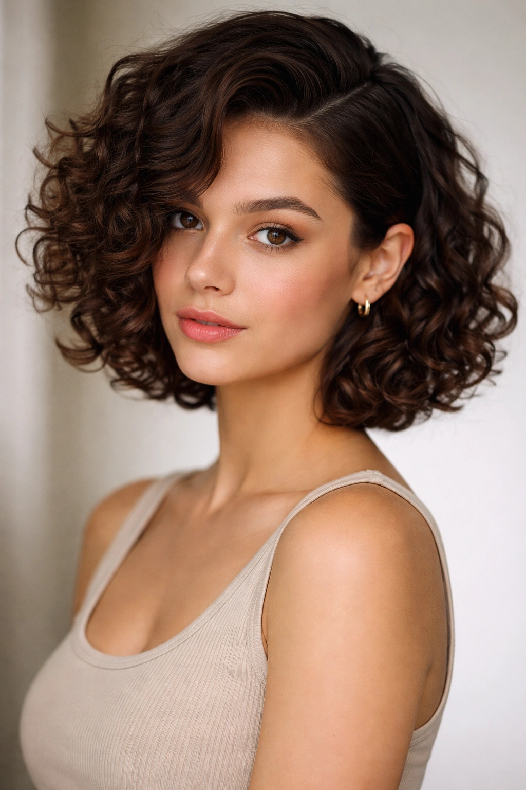 Portrait of a girl with a deep side-part curly bob showing root lift and fullness on one side.