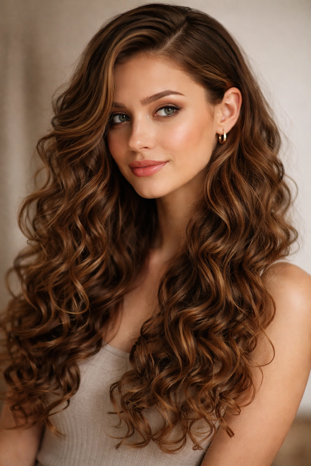 Deep side part with tucked side behind ear on long curly hair