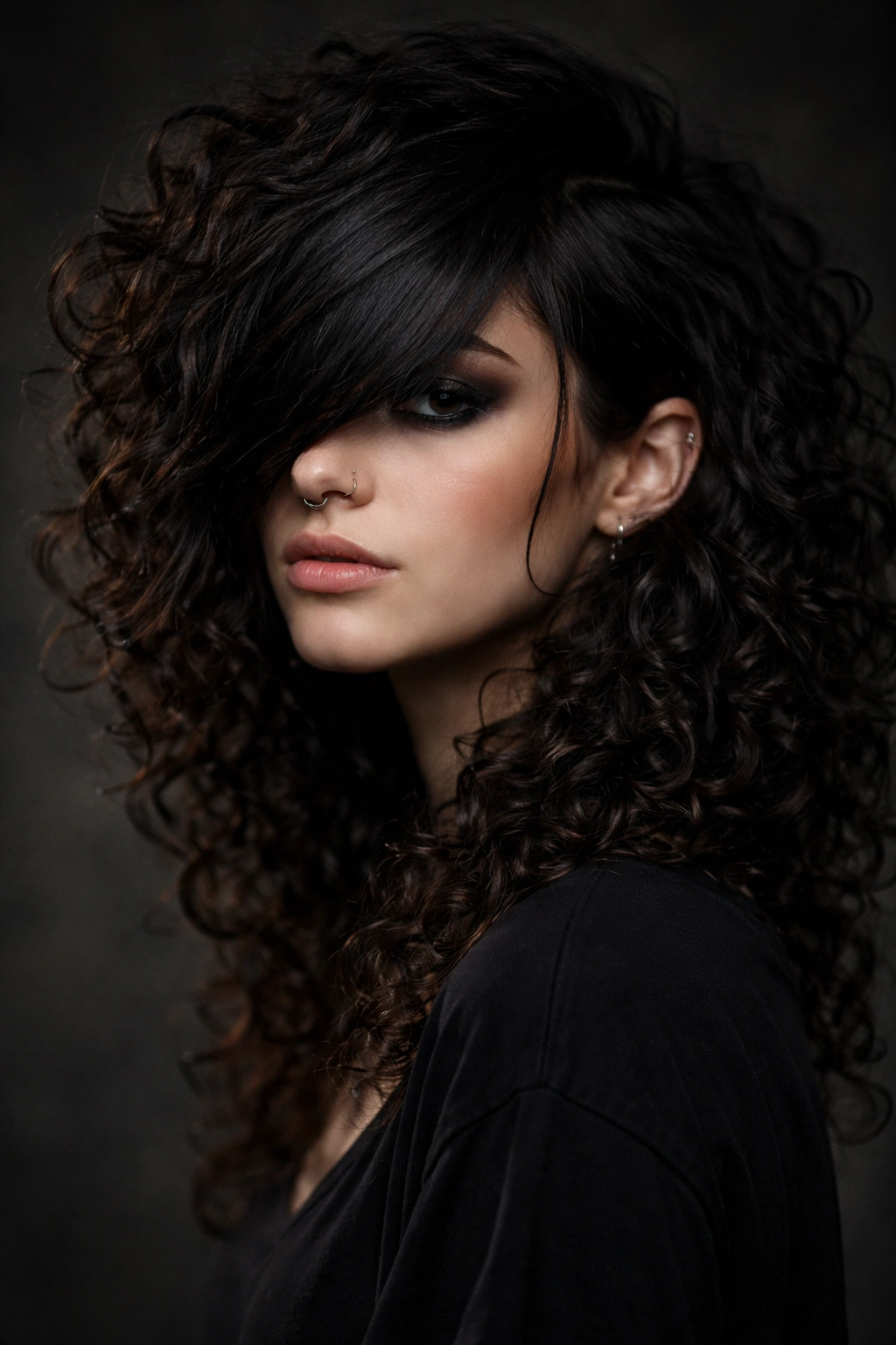 Deep side part with heavy fringe on curly hair, showcasing dramatic emo silhouette.