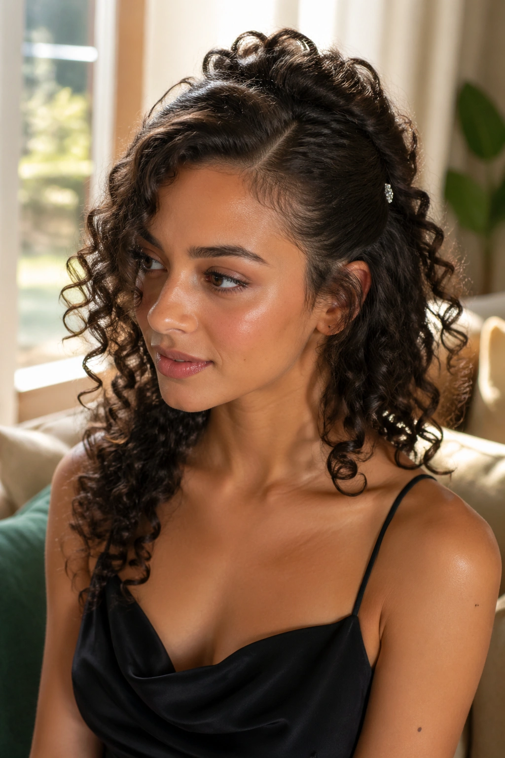 Close-up of real woman with deep side-part half-up and crown lift
