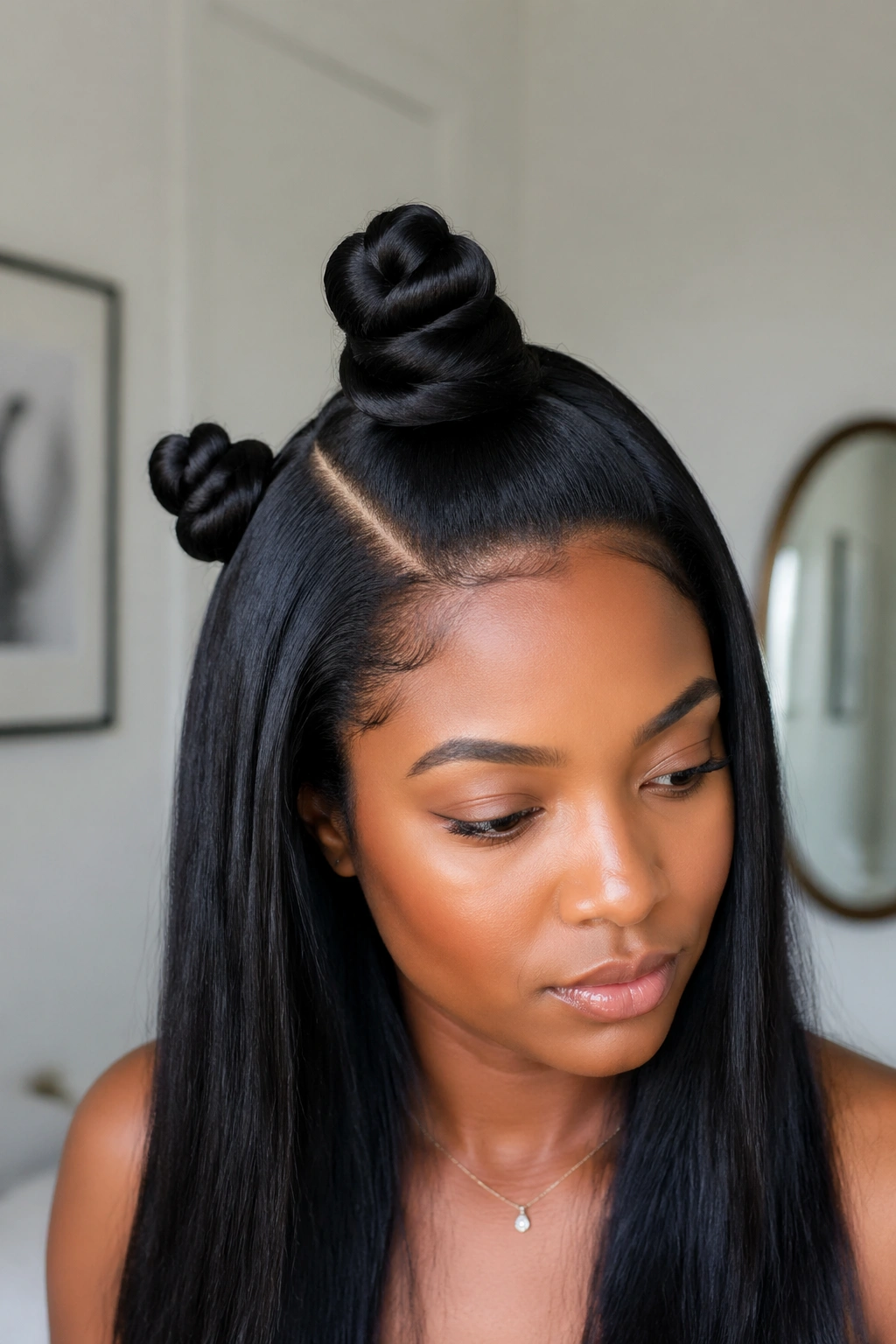 Close-up of a real woman with a deep side-part and two asymmetrical knots