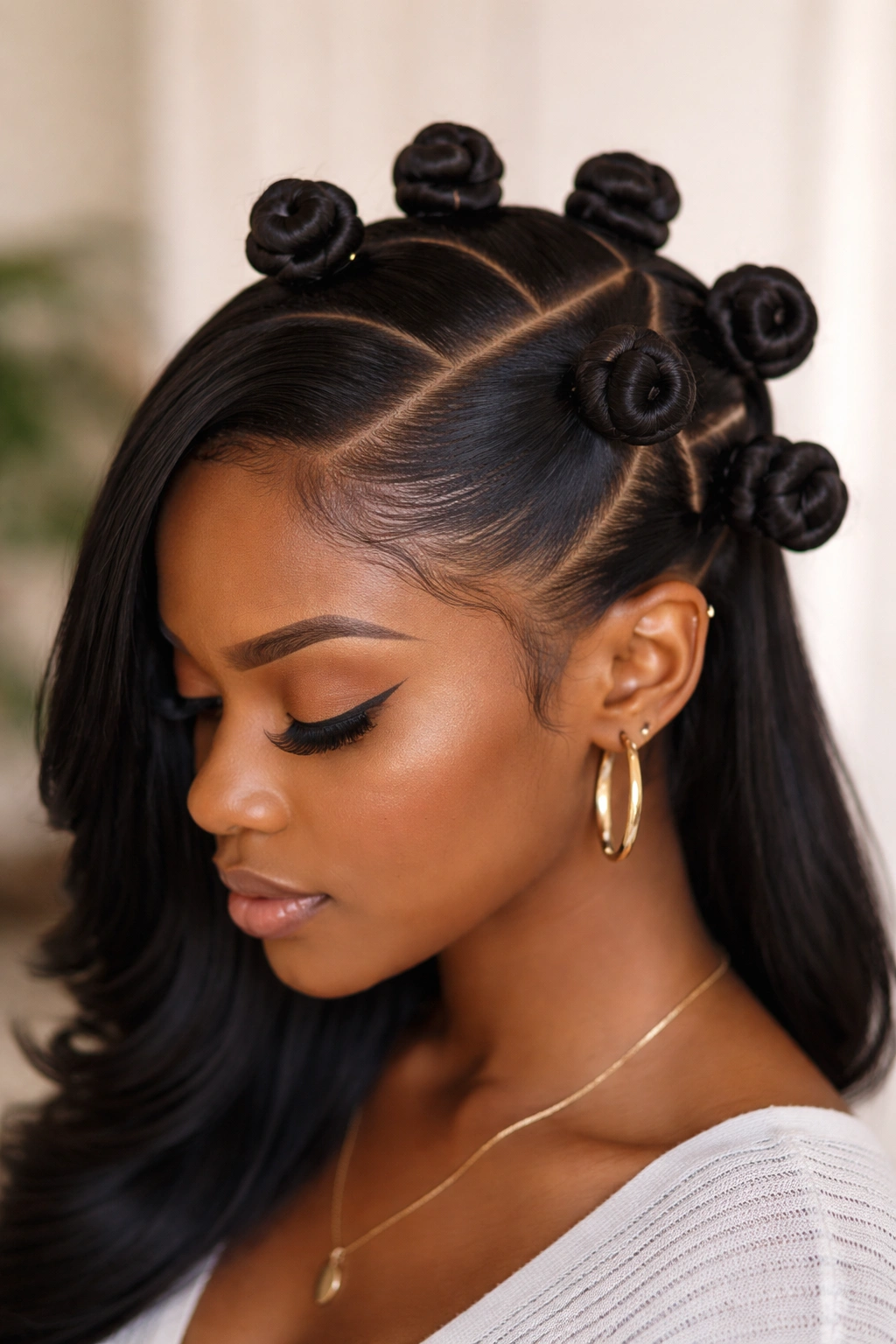 Close-up of a deep side-part with Bantu knots along the scalp on quick weave