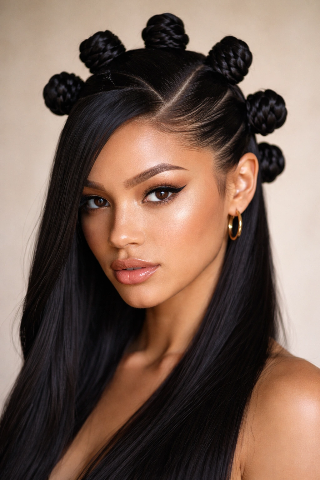 Deep side-part Bantu knots on straight hair with dramatic part
