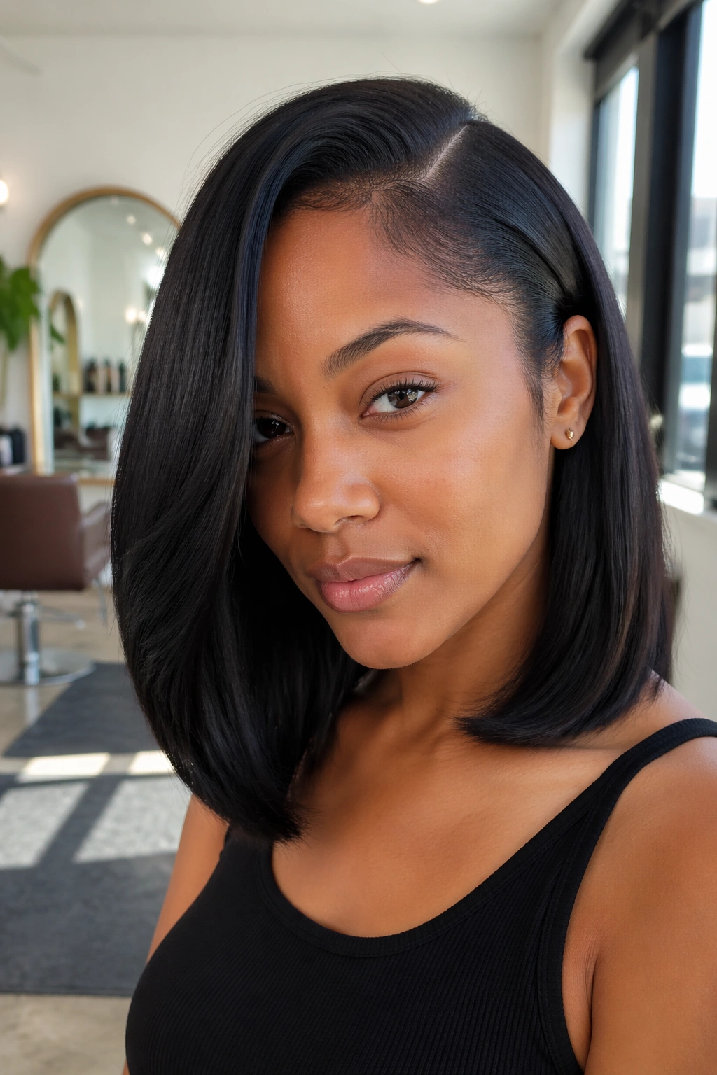 Real person with deep side-part lob hairstyle