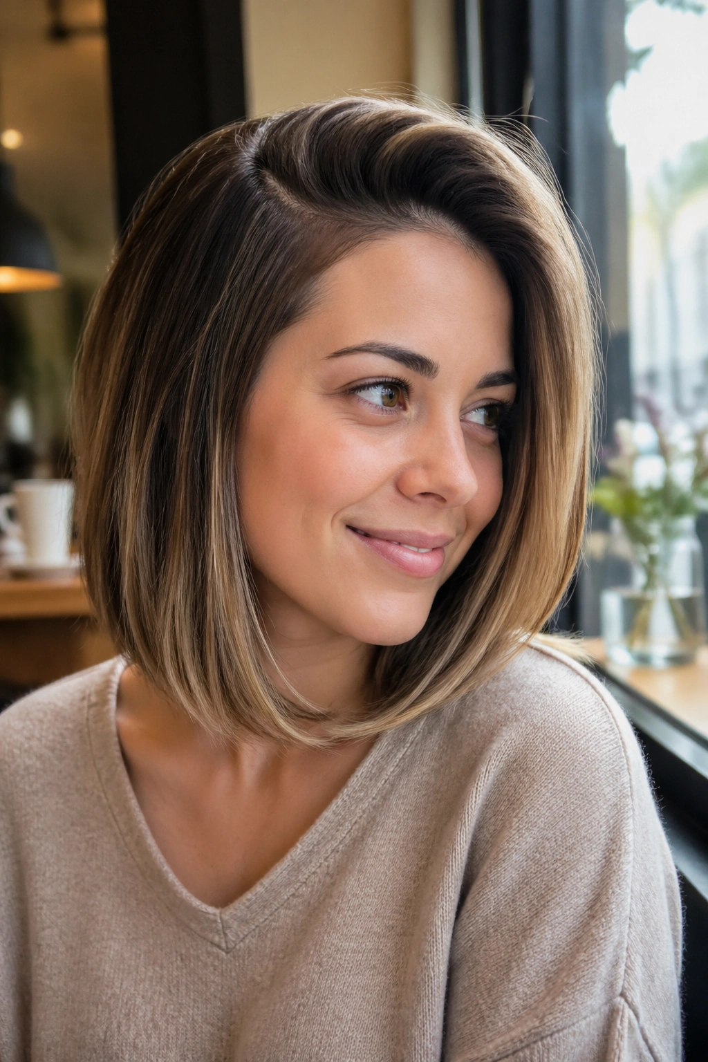 Close-up of a real woman with a deep side-part lob for thin density