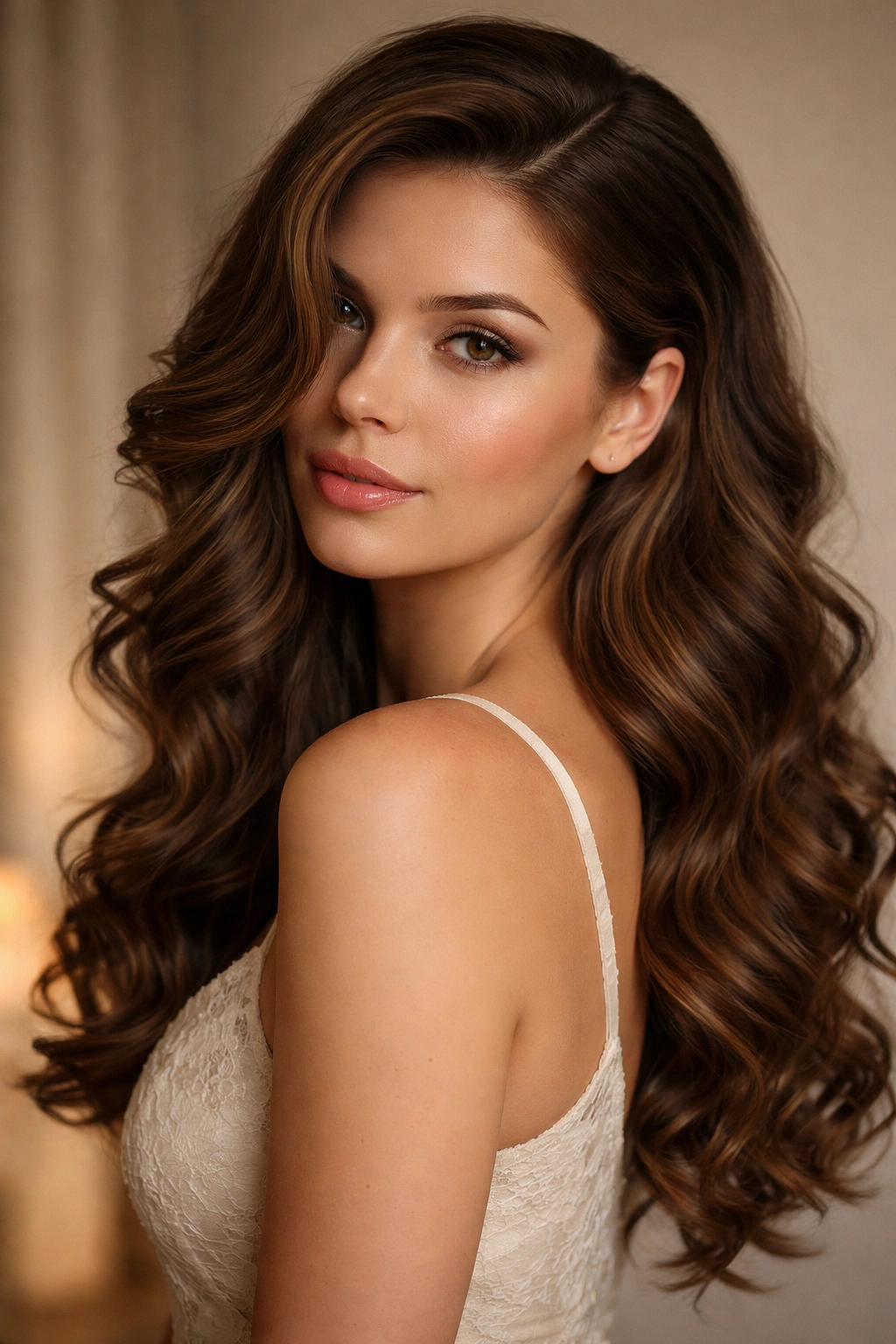 Deep side part with pinned side sweep on curly hair