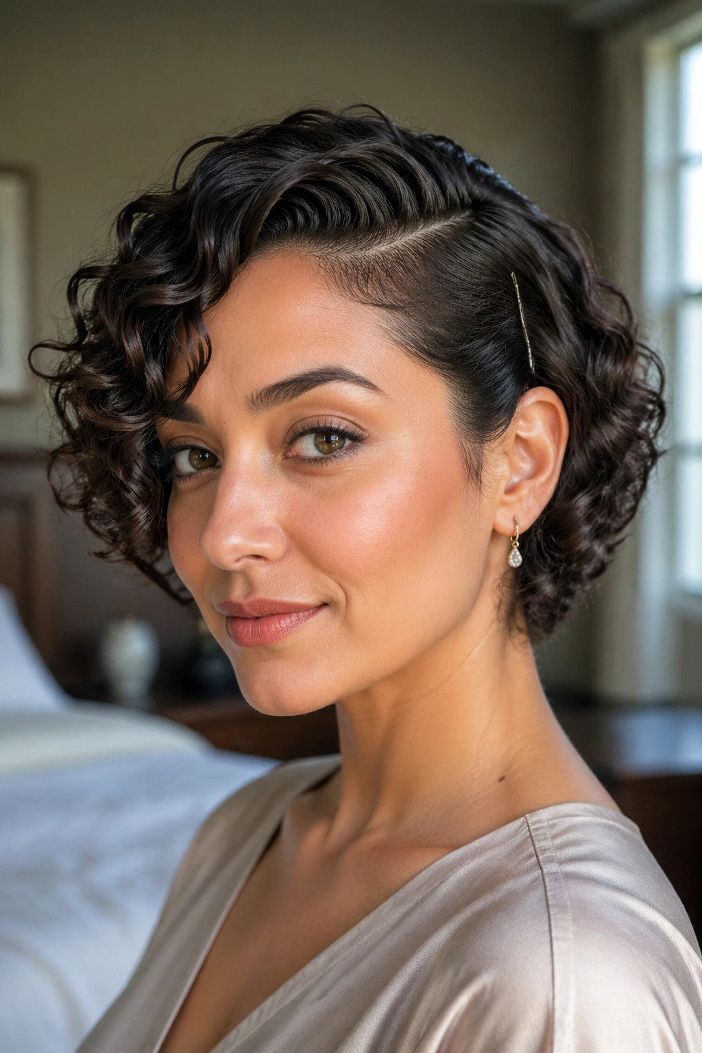 Close-up of a real woman with a deep side part in short curly hair for a formal look