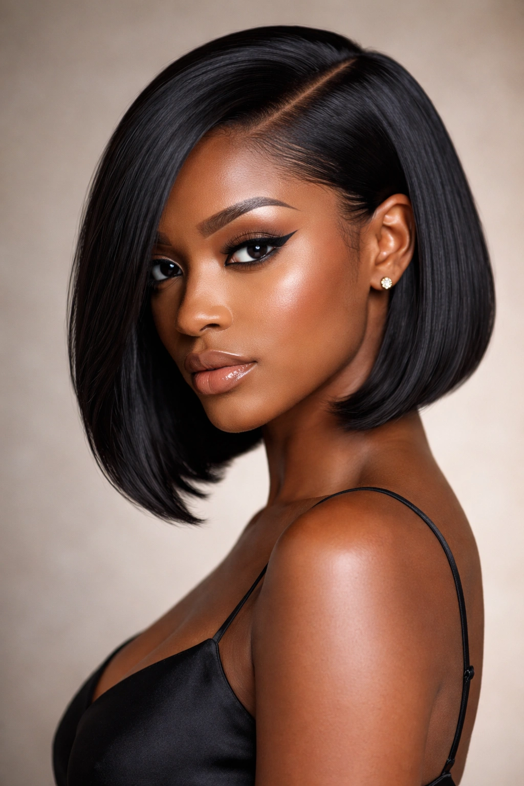 Portrait of a model with a deep side-part sleek bob showing a sharp line on black hair