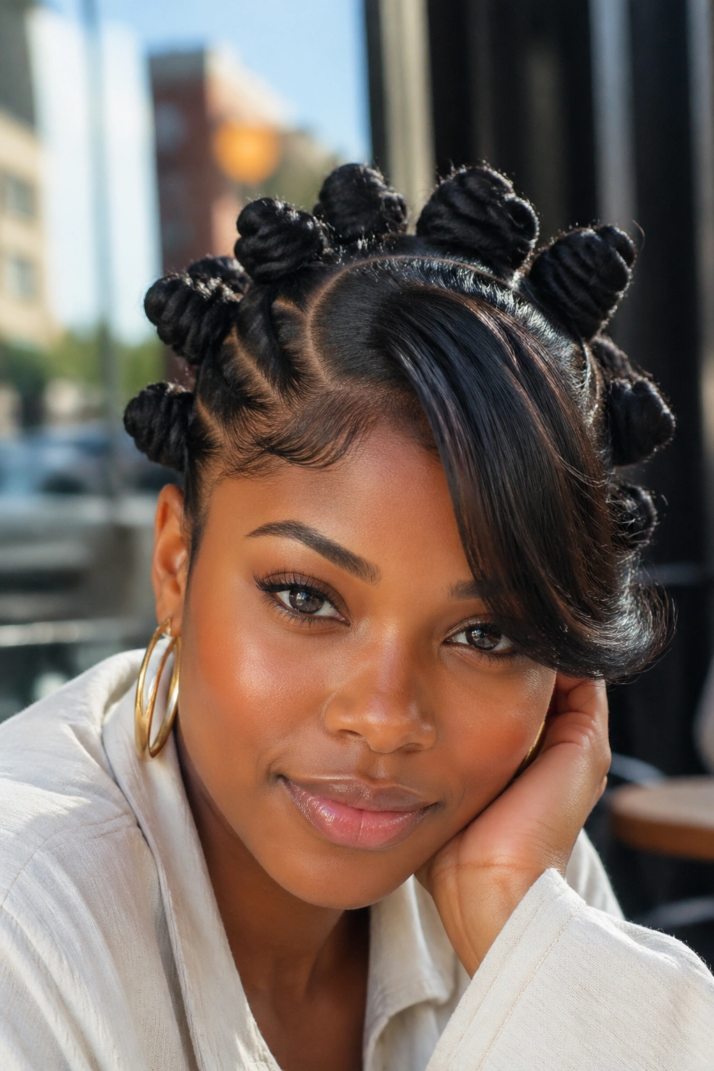 Portrait of a woman with a deep side-part, swooped bangs, and bantu knots
