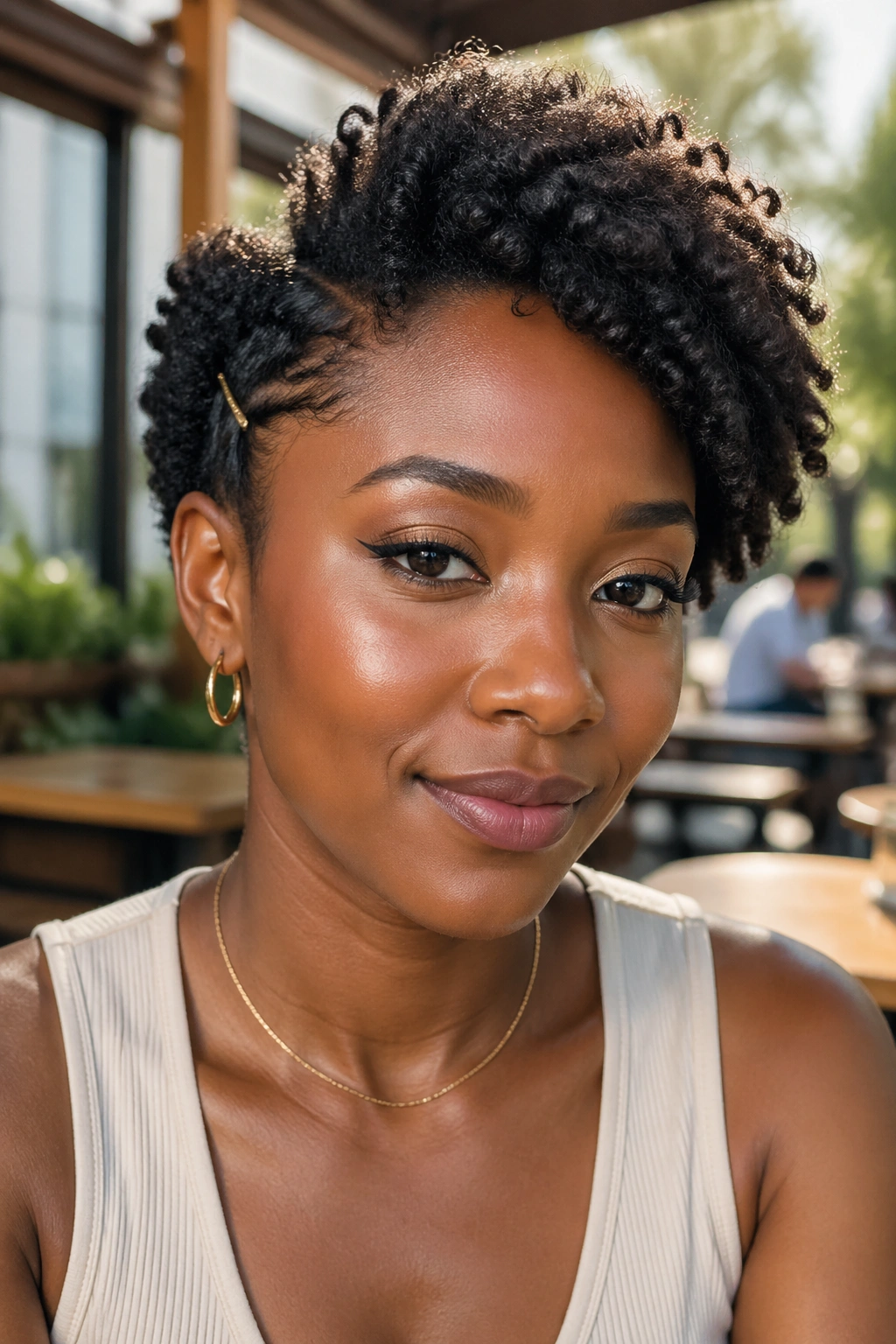 Close-up of a real woman with a deep side-swept mini afro in daylight at a cafe
