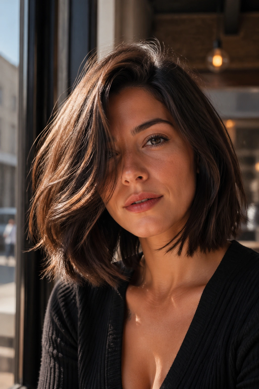 Close-up of real woman with deep side-part shoulder-length bob with soft movement in cafe daylight