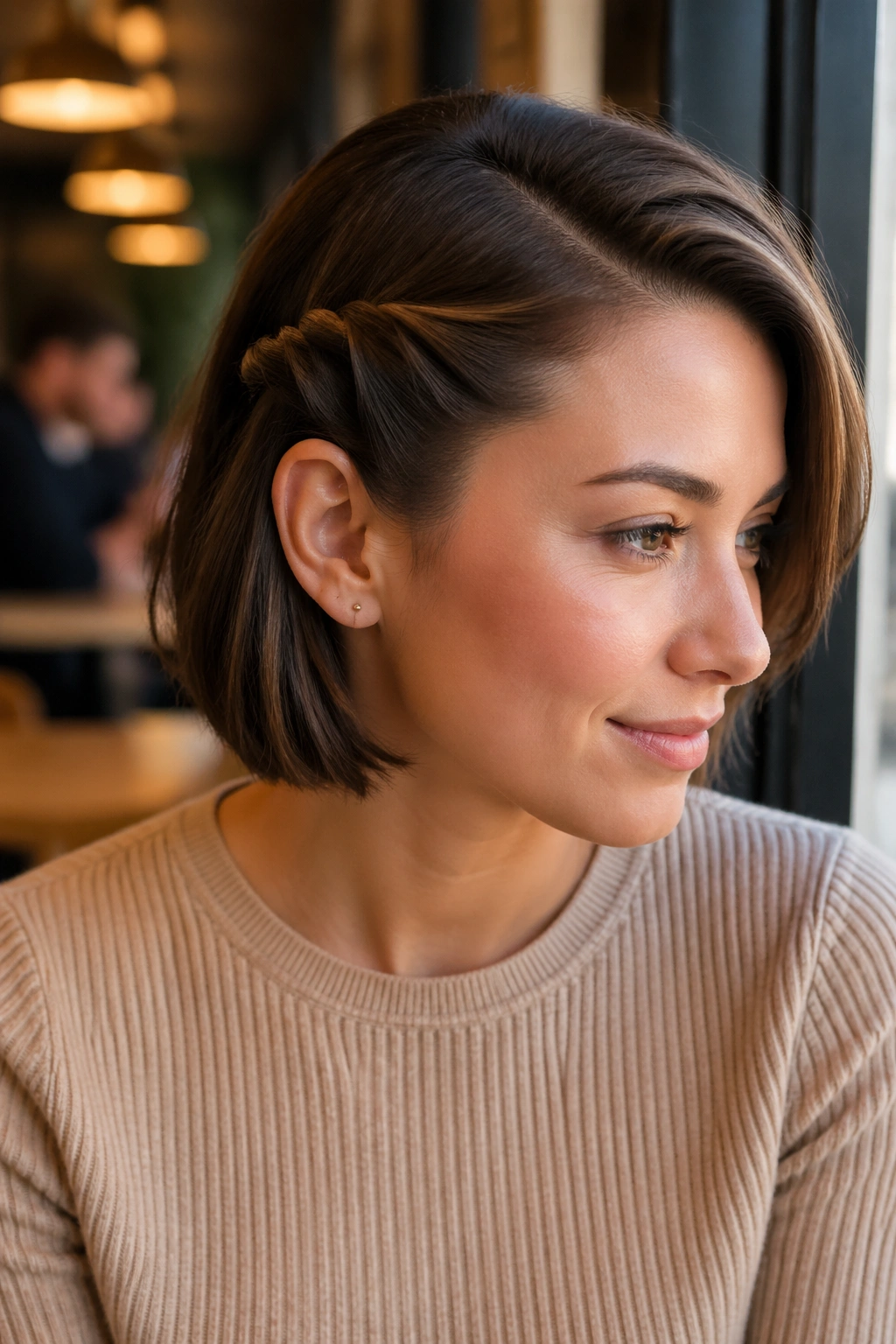 Close-up of real woman with deep side twist tucked behind the ear on a bob