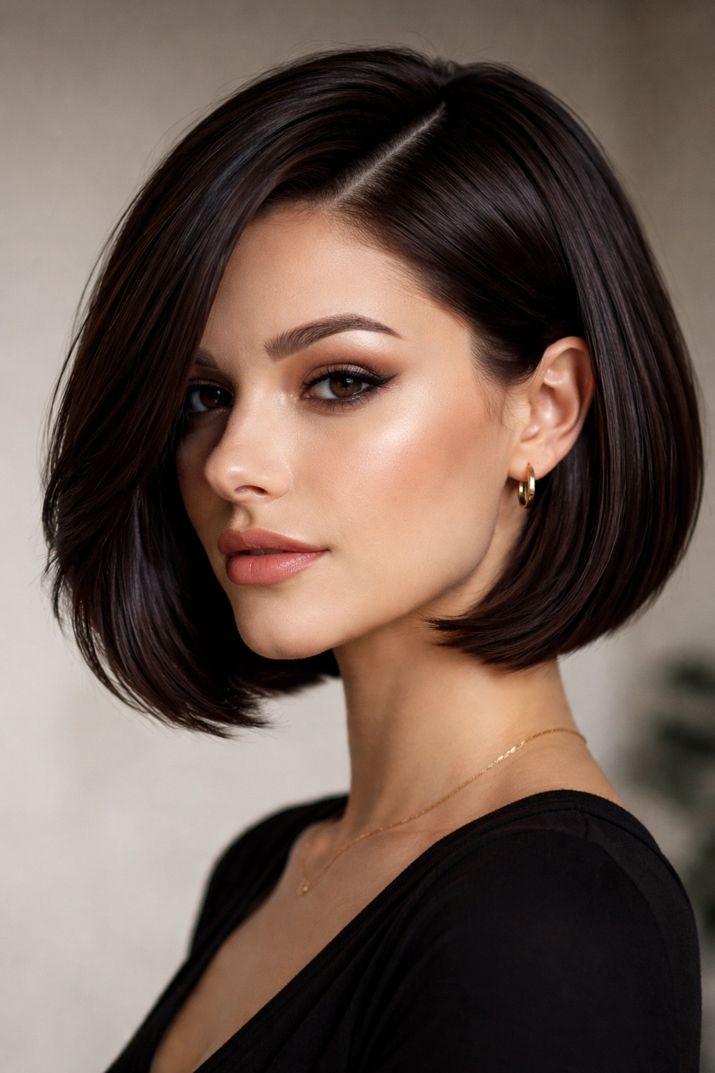 Deep side-part dark brown bob with glossy finish and polished shine