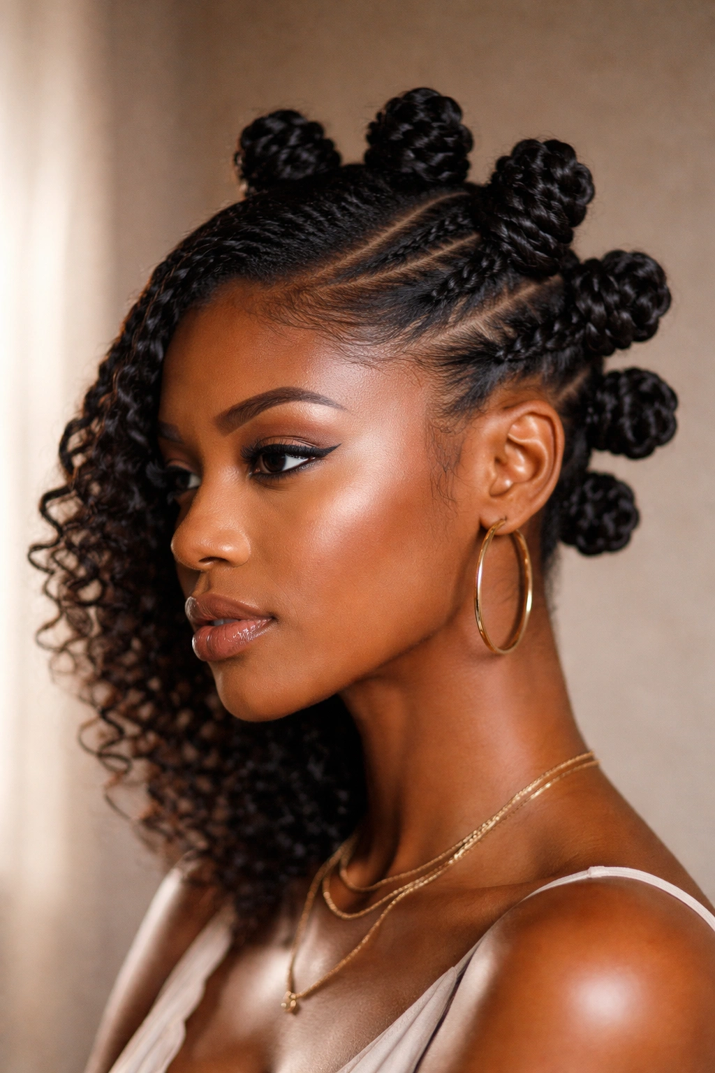 Profile view of deep side-part Bantu knots framing the face