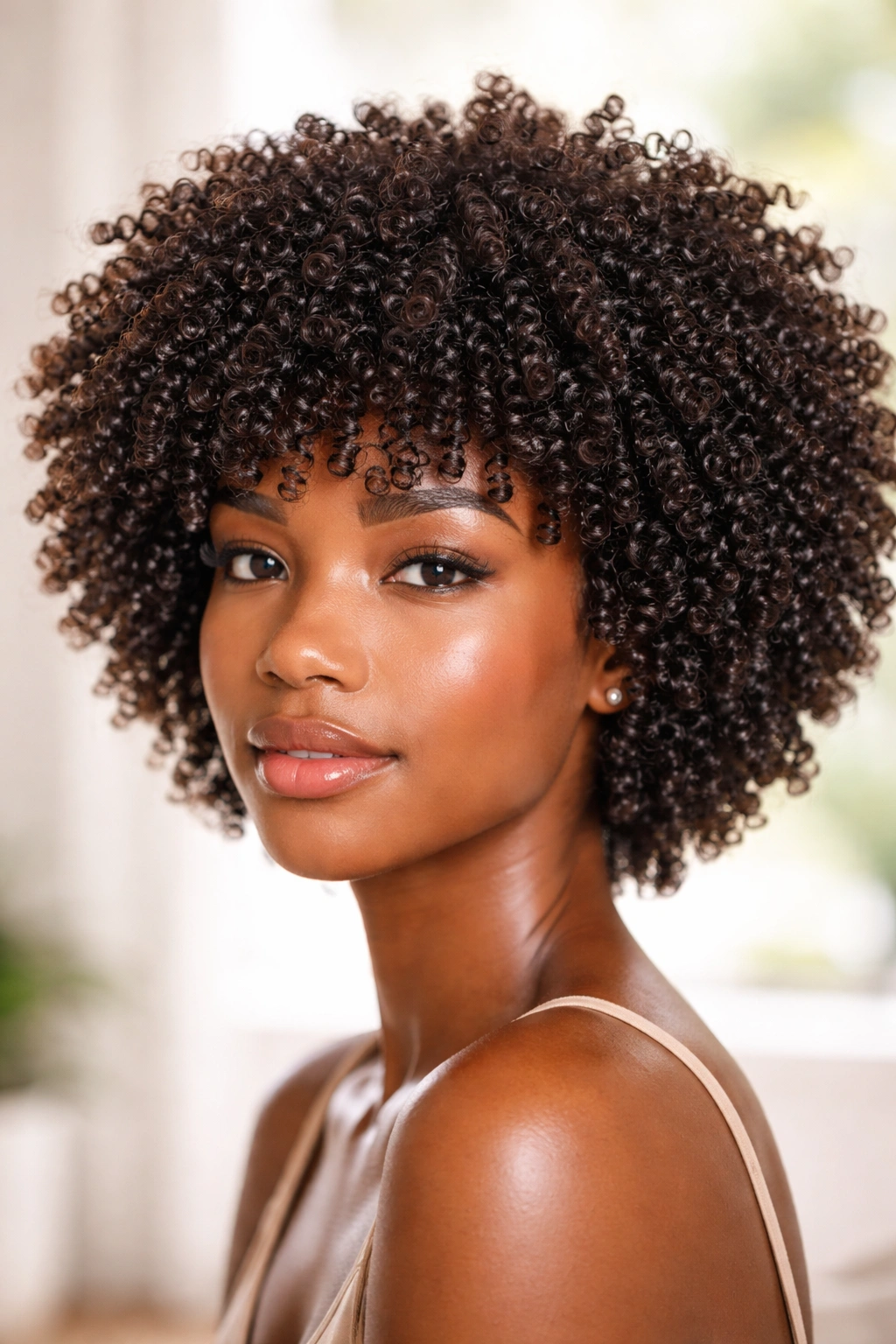 Defined coils with extra shine showing glossy, sculpted curls
