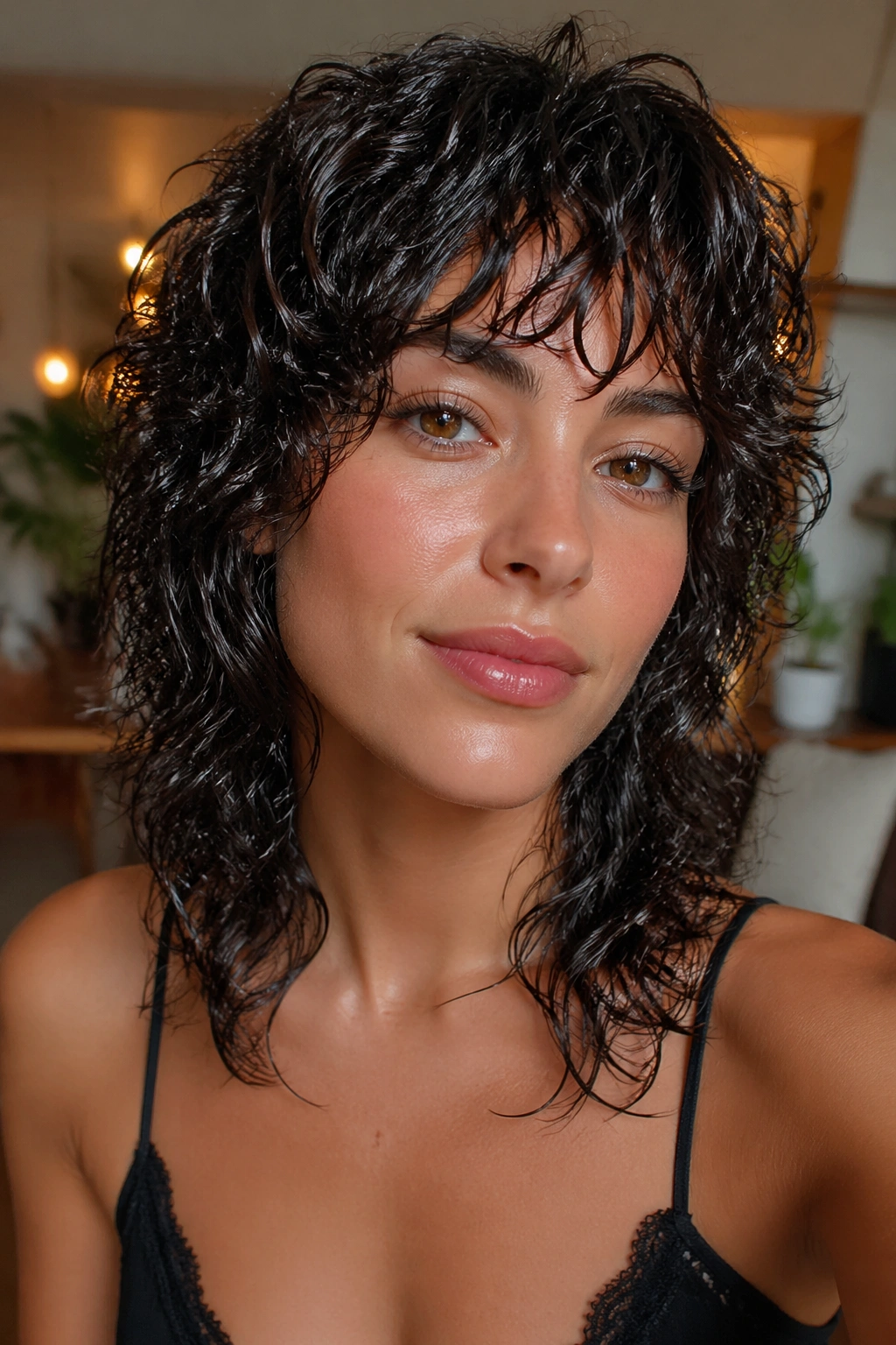 Portrait of a woman with defined curly shag and wet finish
