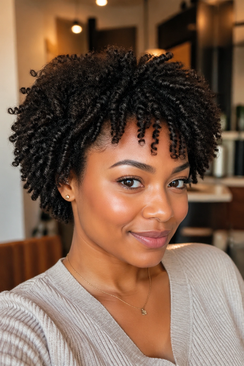 Close-up of a real woman with a defined twist-out afro showing defined twists.