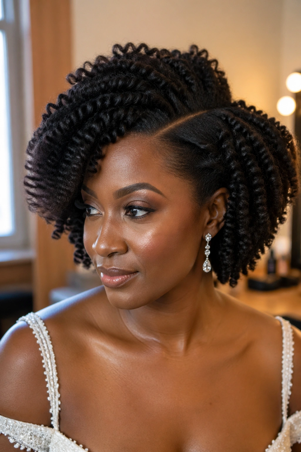 Close-up of a woman with a defined twist-out and deep side part