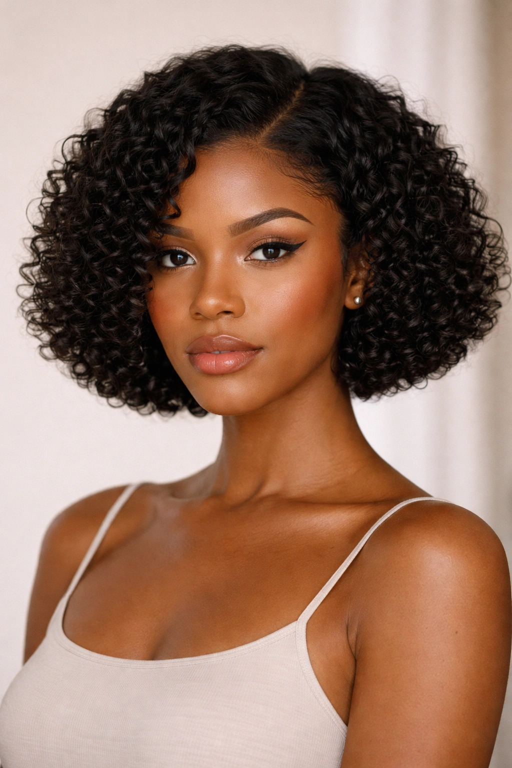 Close-up of a defined curly bob with a crisp outline and neat silhouette