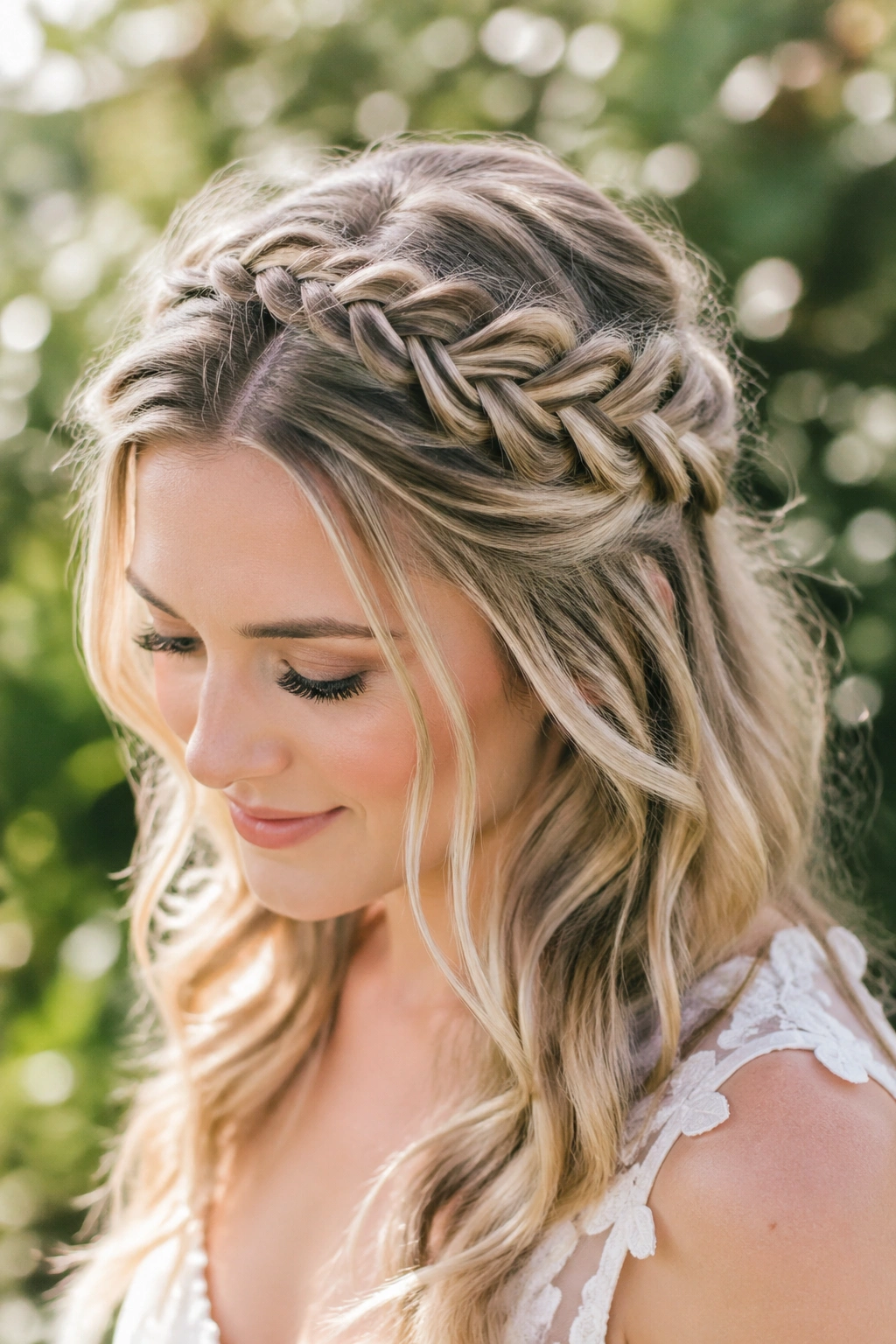 Close-up of a real woman wearing a delicate Dutch braid crown half-up hairstyle