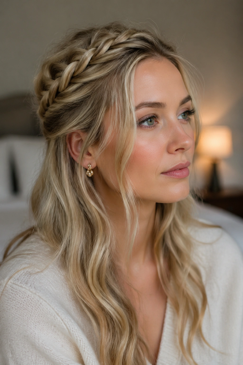 Close-up portrait of a real woman with a delicate Dutch braid half-up in soft window light