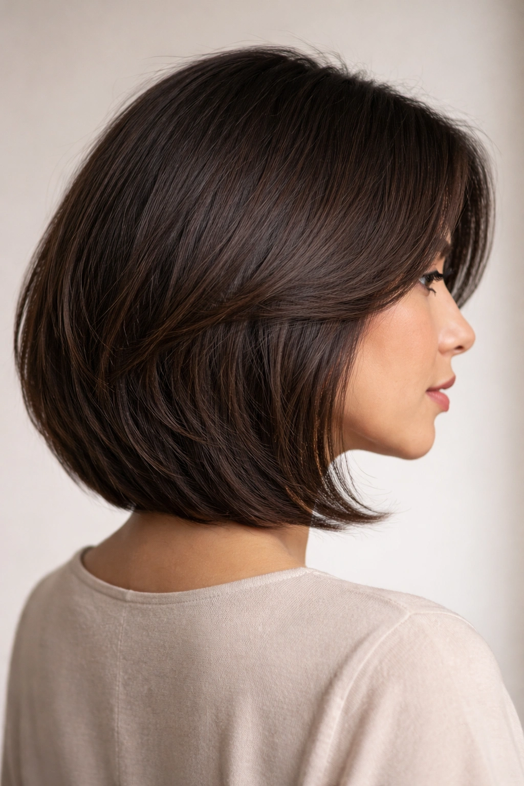 Dense shoulder-length bob with internal layers for debulking and a neat silhouette