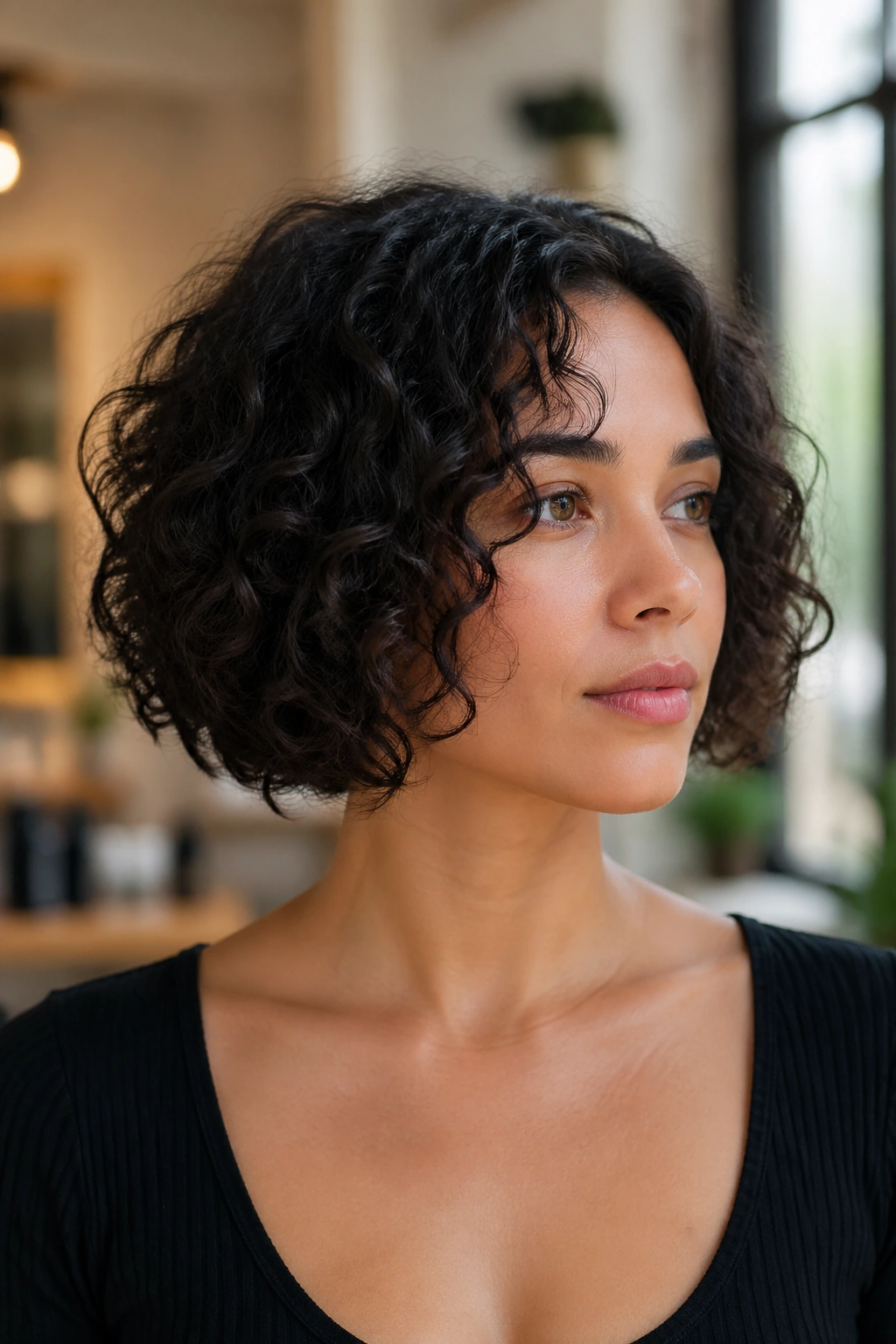 Close-up of a real woman with a classic Deva Cut bob for natural curls at chin length