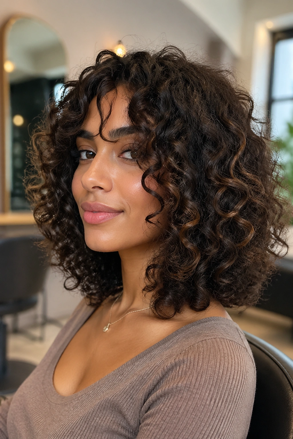 Close-up portrait of a real woman with a long Deva Cut lob on natural curls
