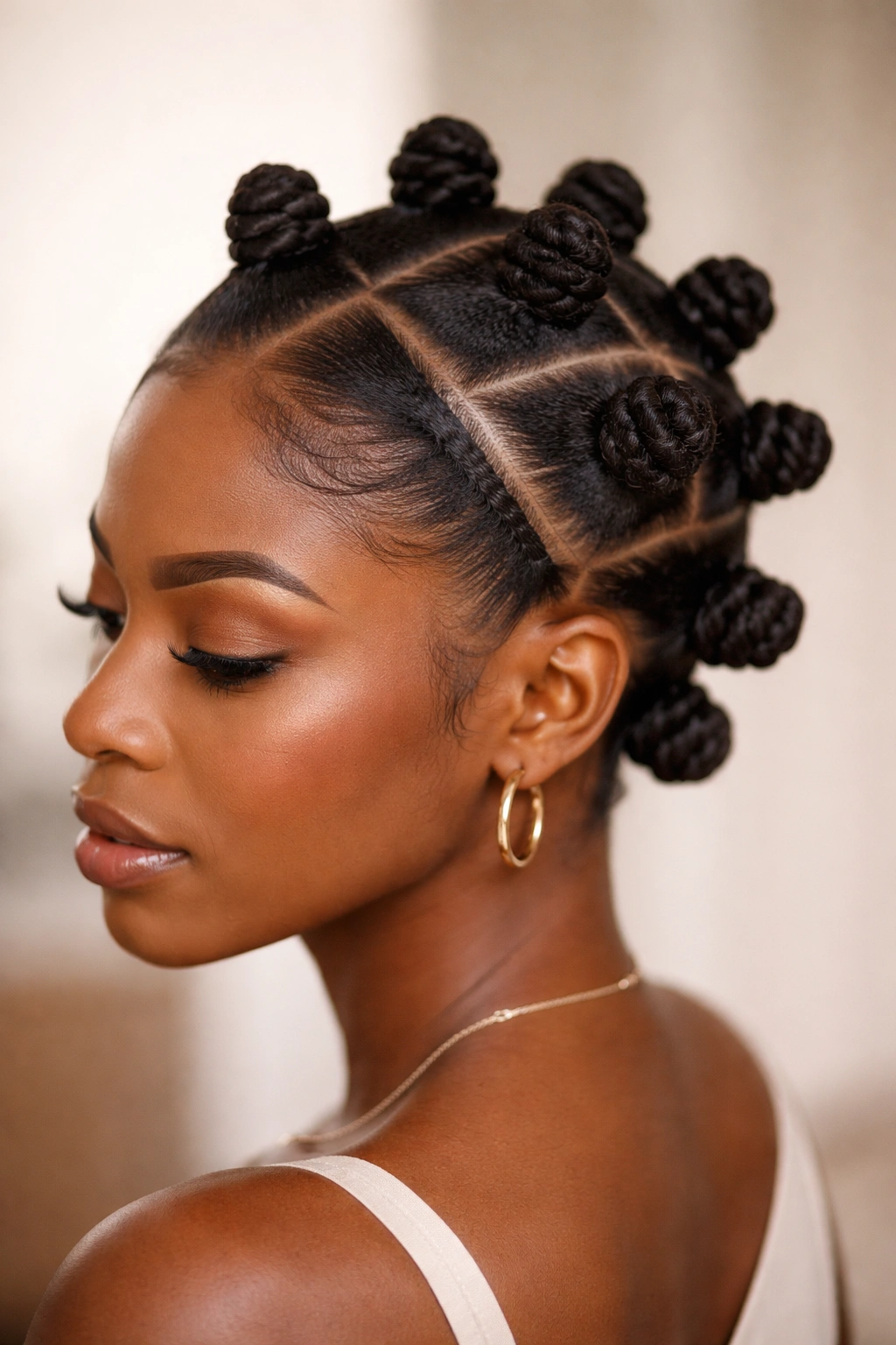 Close-up of Bantu knots with a diagonal part emphasizing movement in natural hair
