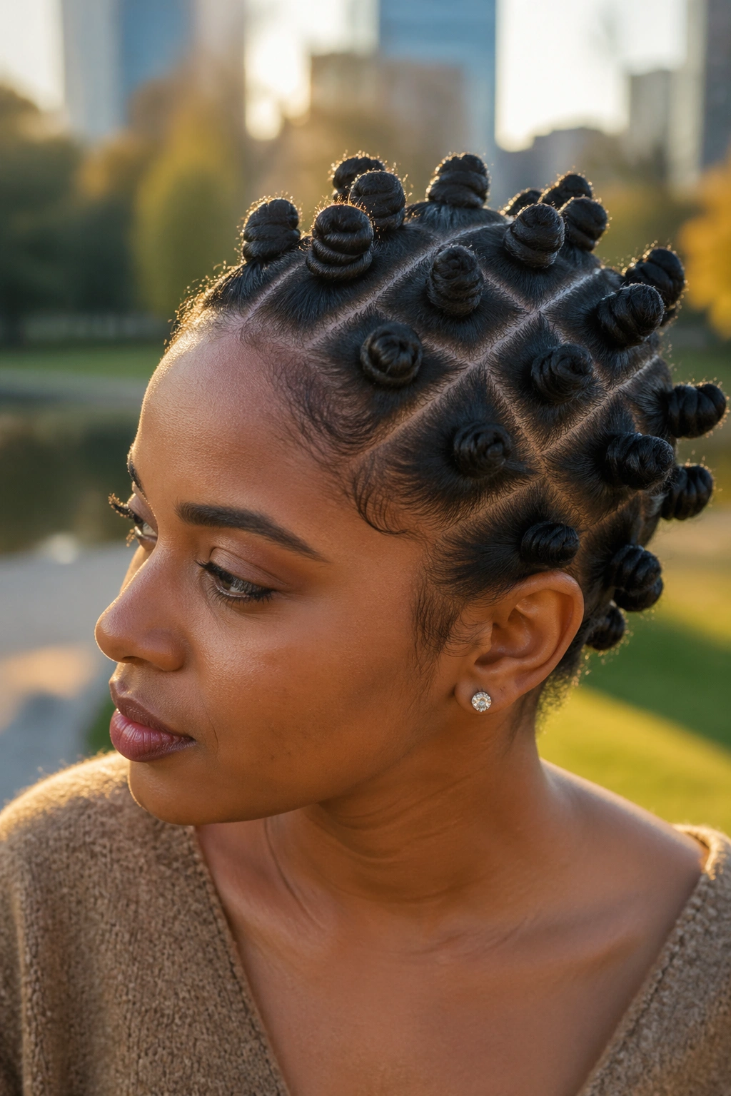 Close-up of diagonal rows Bantu knots across scalp in outdoor light