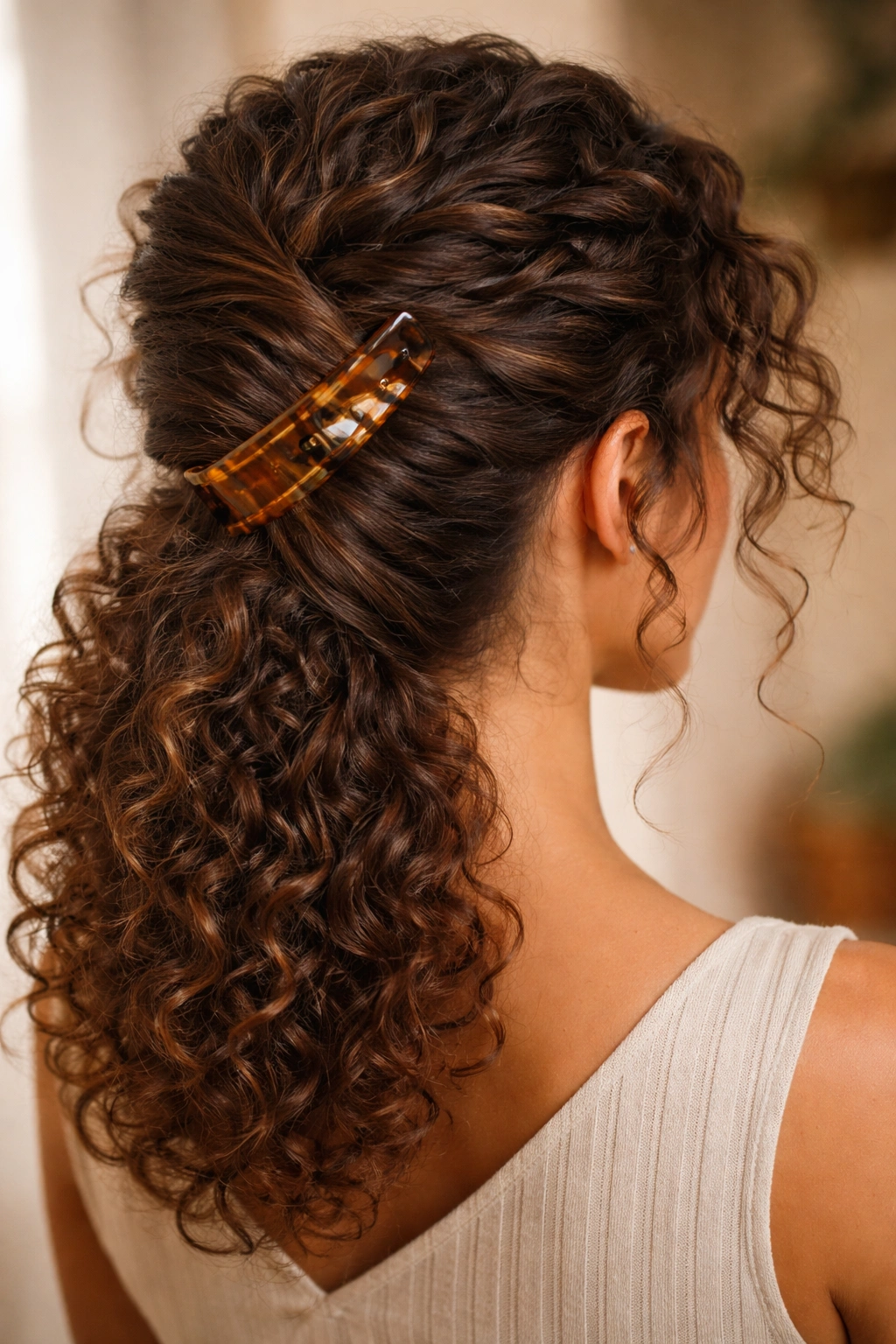 Back view showing diagonal twist across crown secured with an angled clip