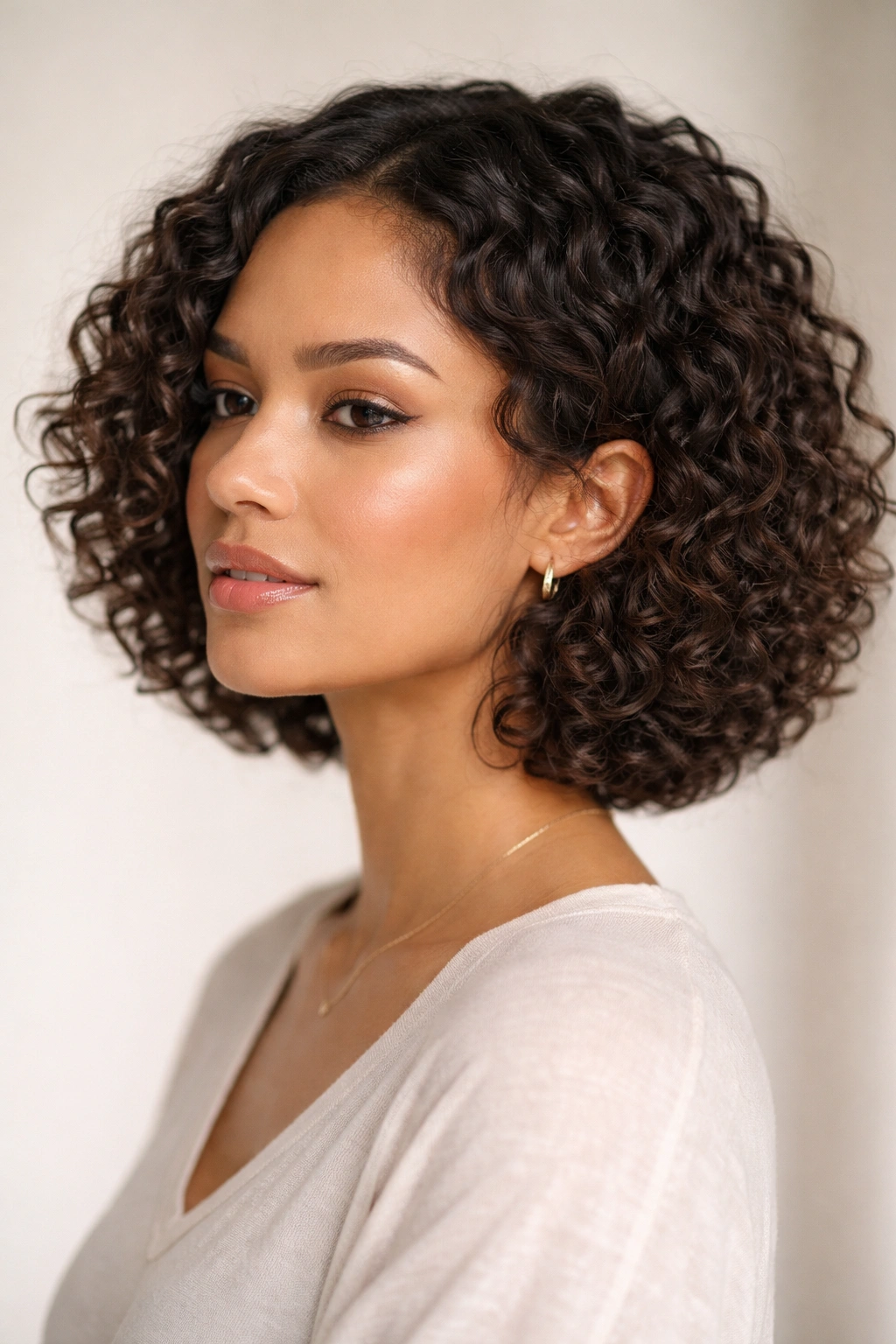 Diffused stretch hairstyle on a curly bob showing root lift