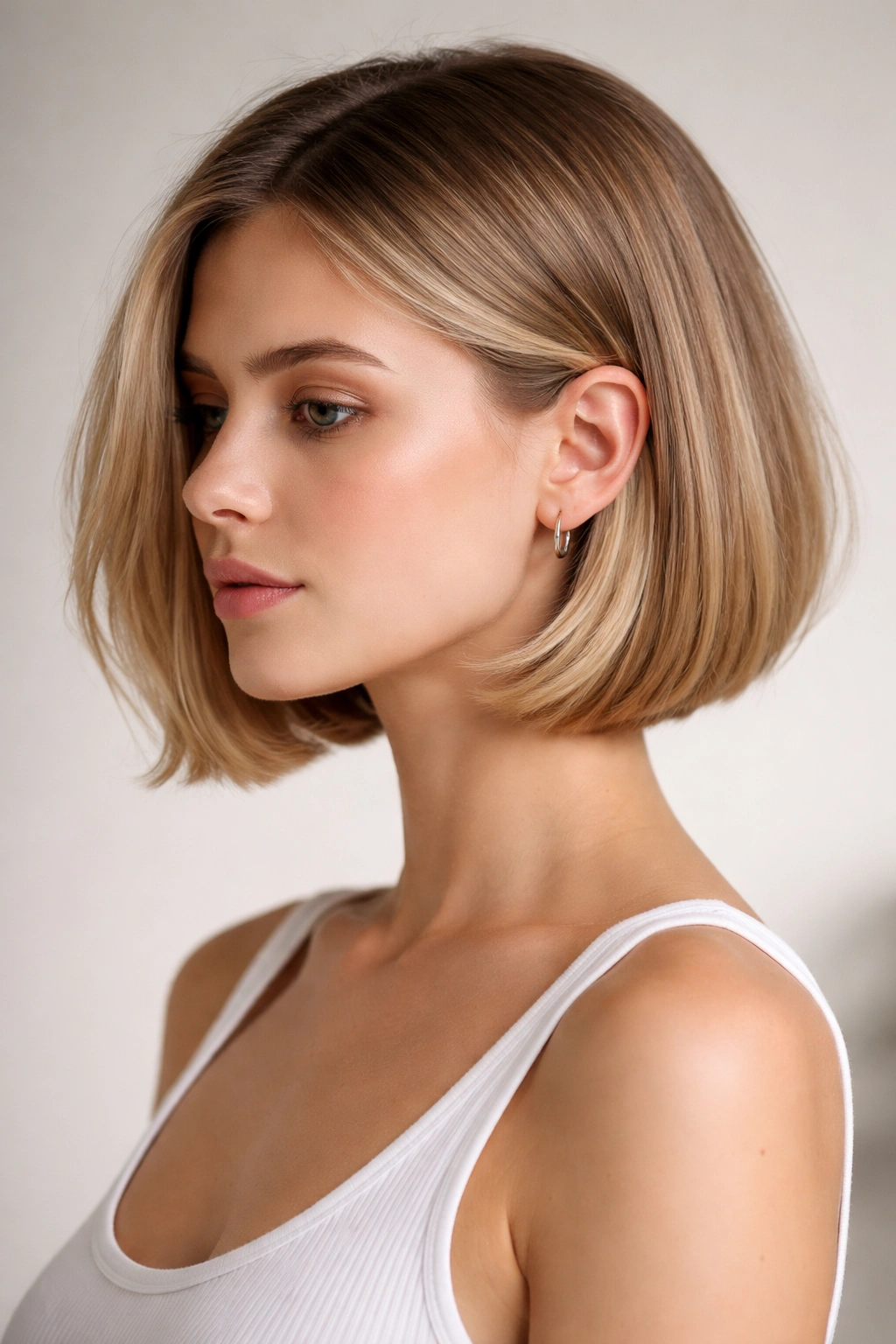 Close-up of a chin-length dirty blonde bob with a soft root melt and subtle bevel