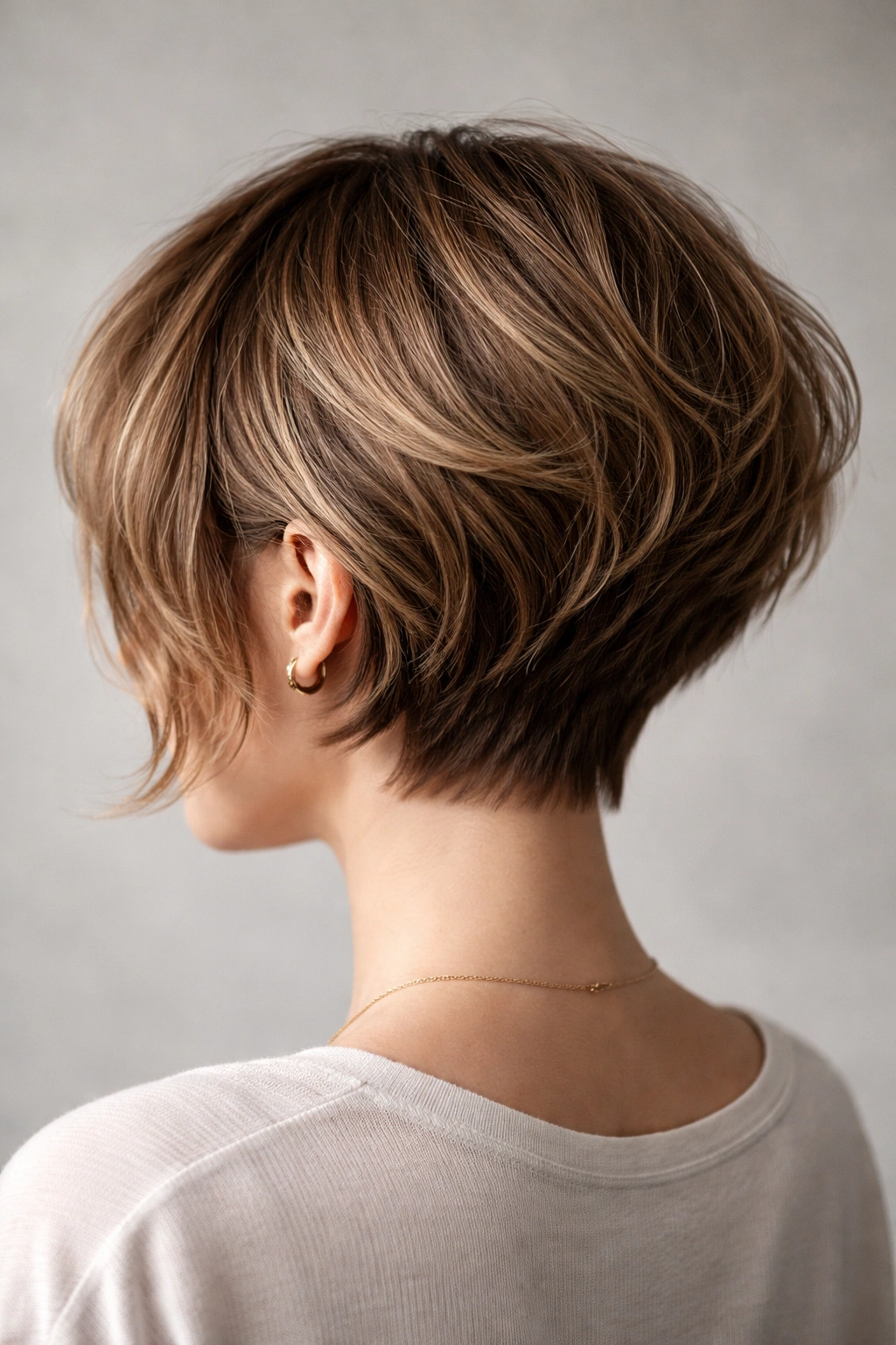Close-up of a disconnected stacked bob showing loose-nape separation and back volume.