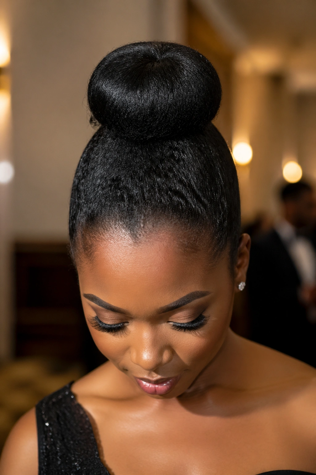 Real person with a round donut bun in a softly lit indoor venue