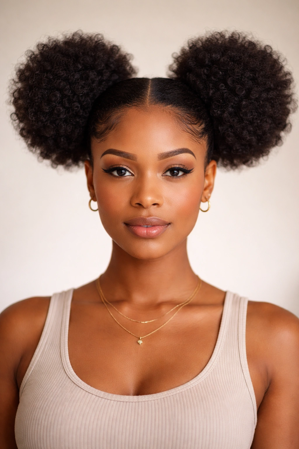Two symmetrical afro puffs on either side with a crisp middle part