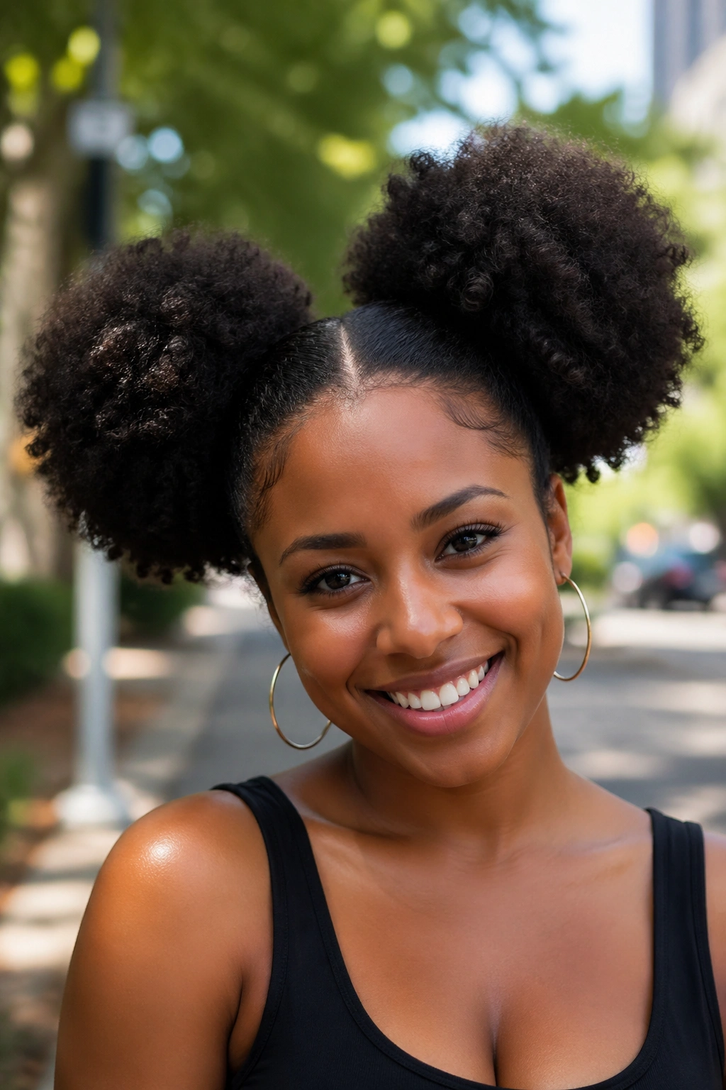 Close-up of a real woman with two high Afro Puffs
