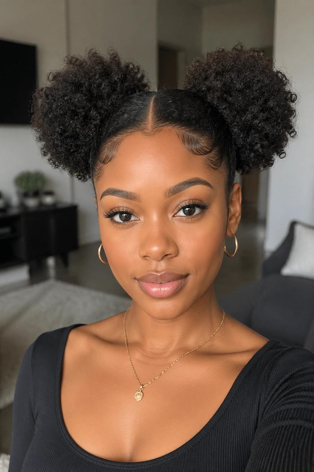 Frontal portrait of a real person with two Afro puffs on both sides