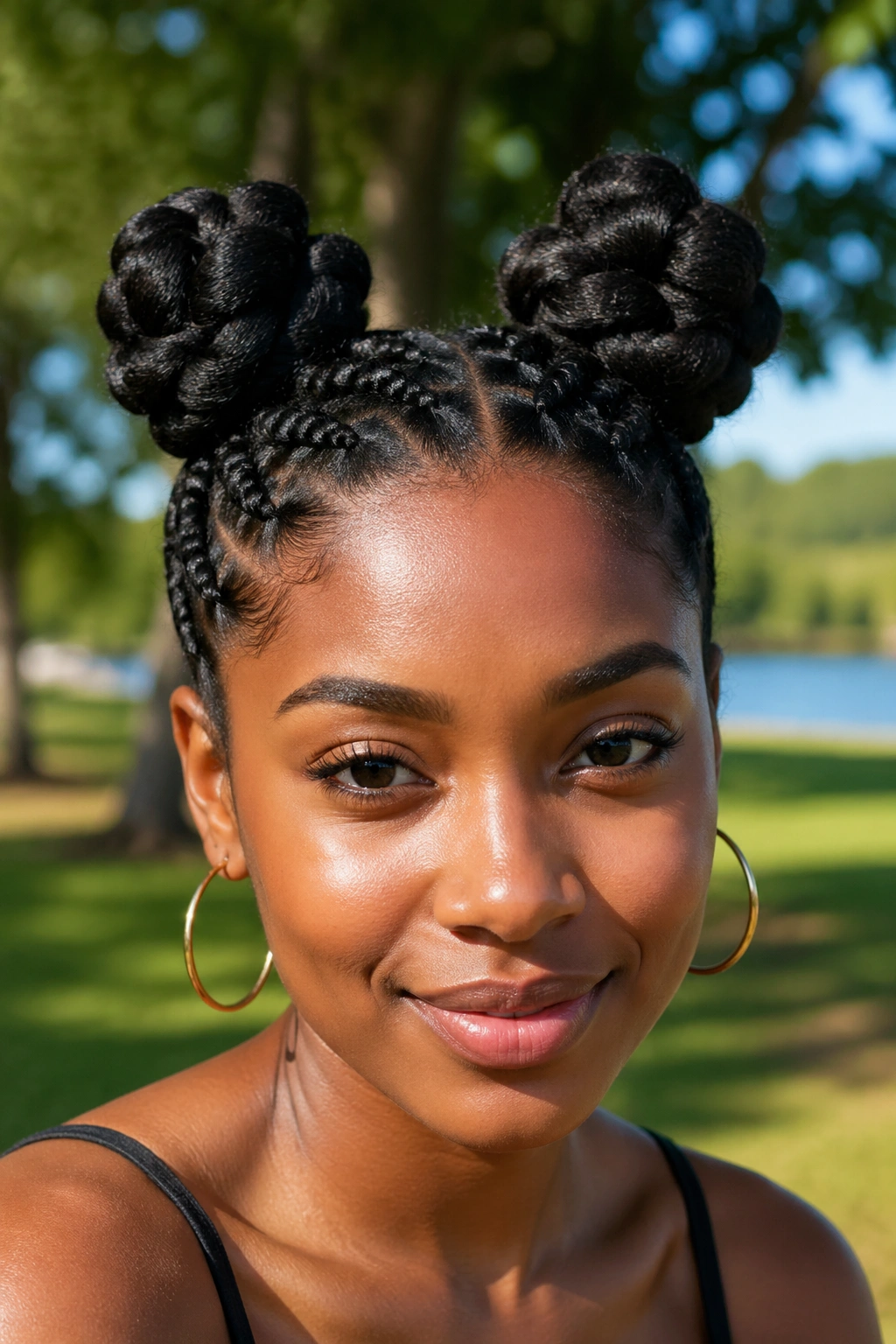 Close-up of a real woman with two large bantu knot buns outdoors.