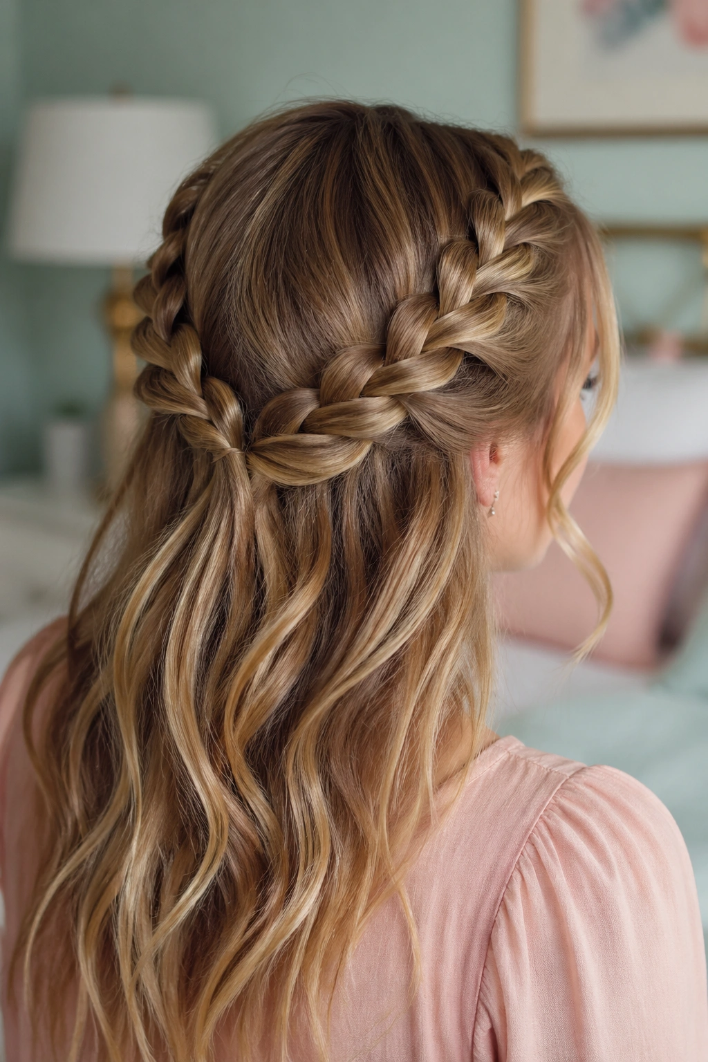 Close-up portrait of a real woman with two symmetrical braids at the back of the head