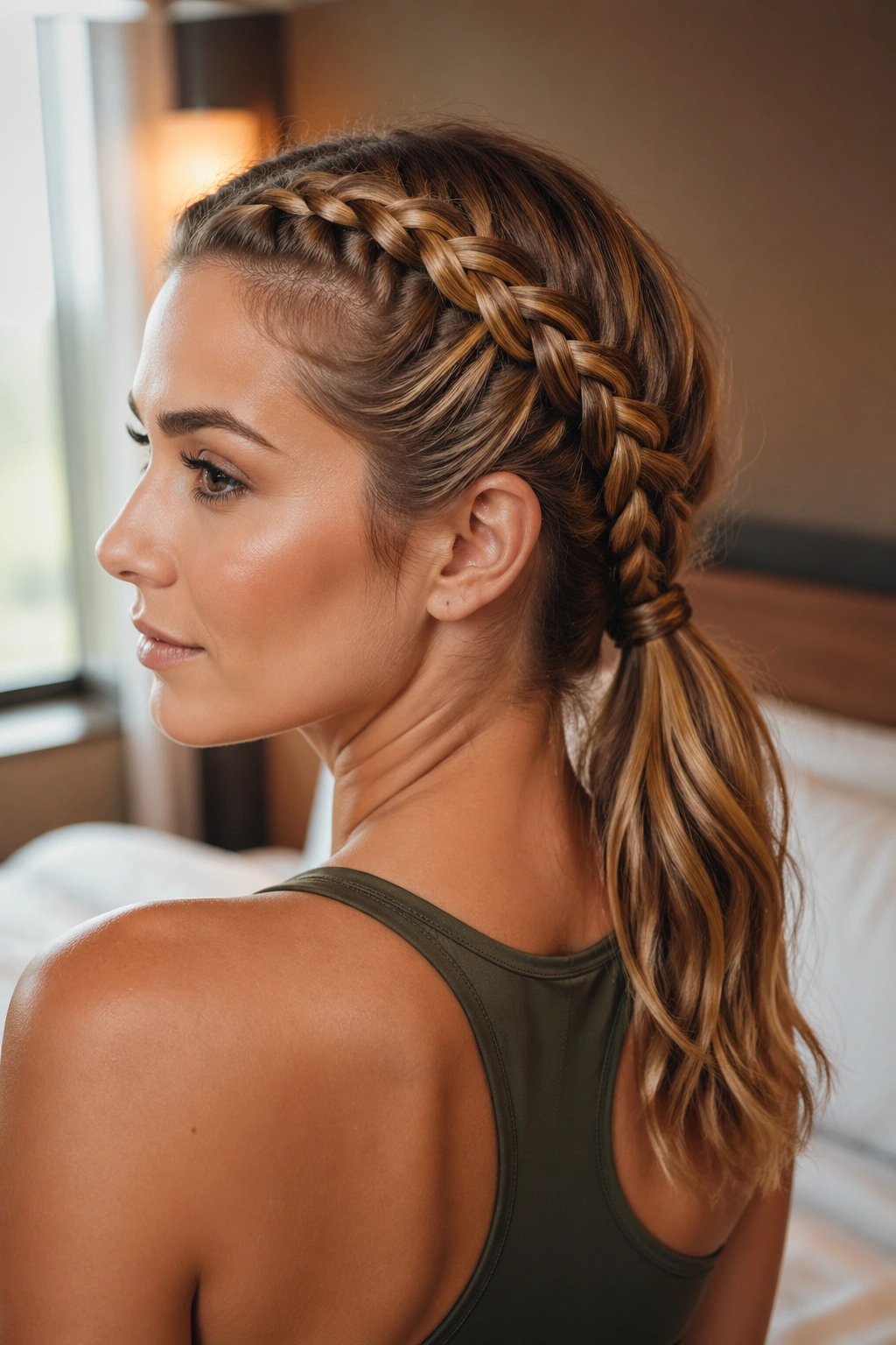 Close-up of a real woman with a double braid ponytail showing two braids joining at the nape.