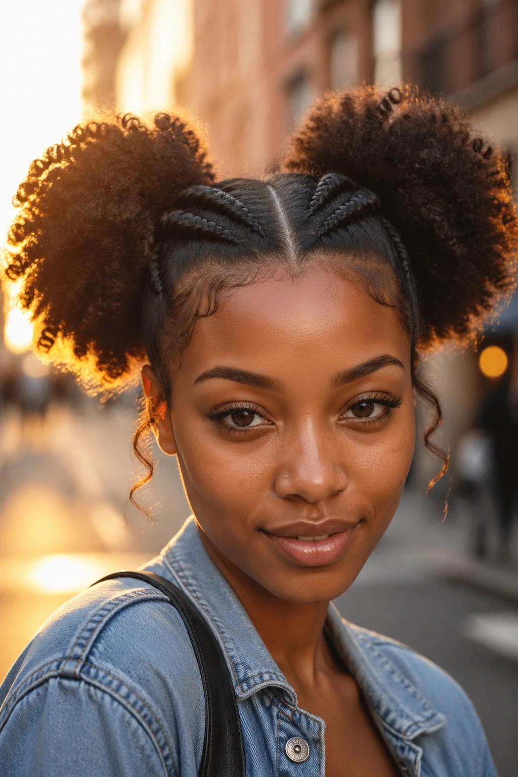 Real woman with two symmetrical afro puffs and center part, urban golden hour lighting