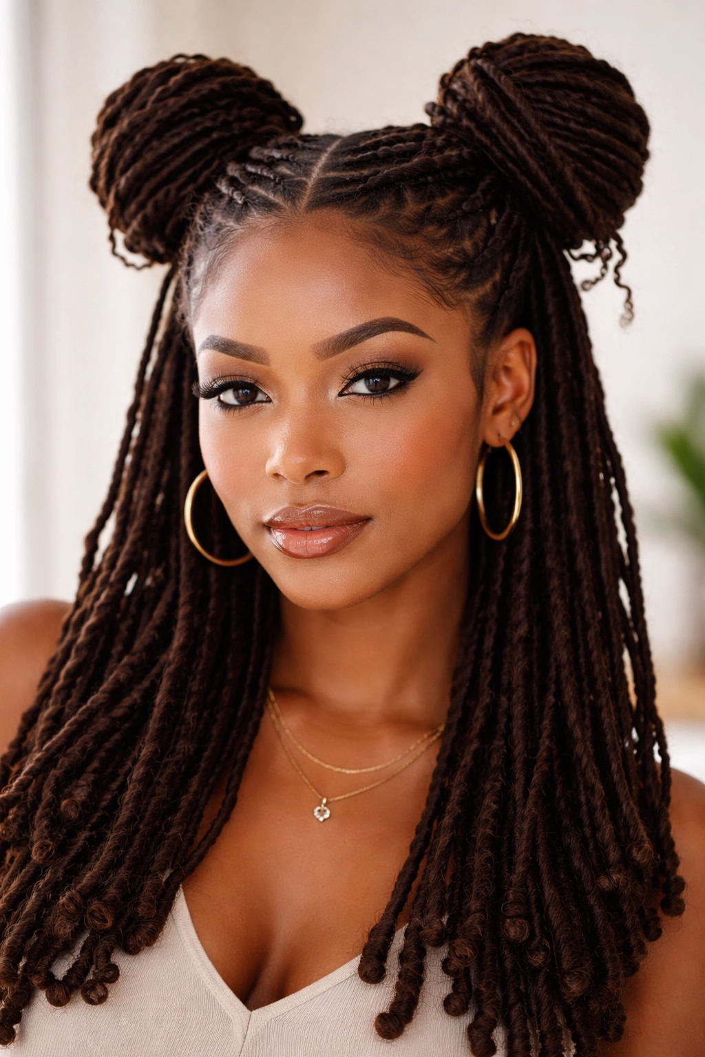 Symmetrical double buns formed from Afro locs on crown.