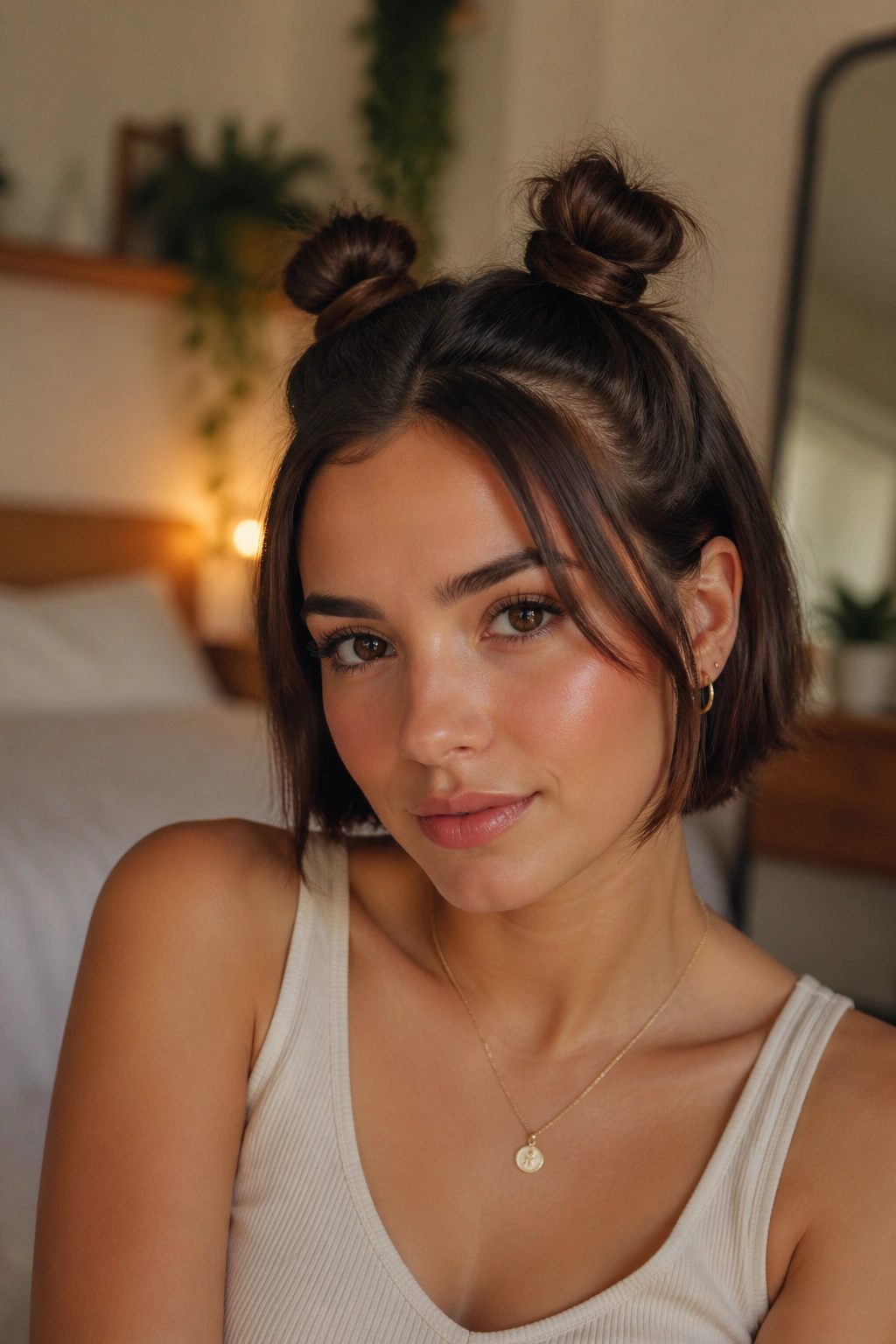 Close-up of double mini buns on a short bob on a real person