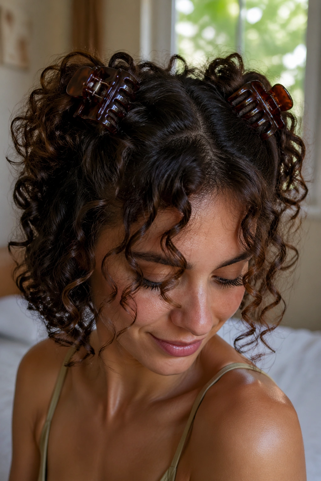 Close-up of a real woman with thick curly hair showing two claw clips on opposite crown sections