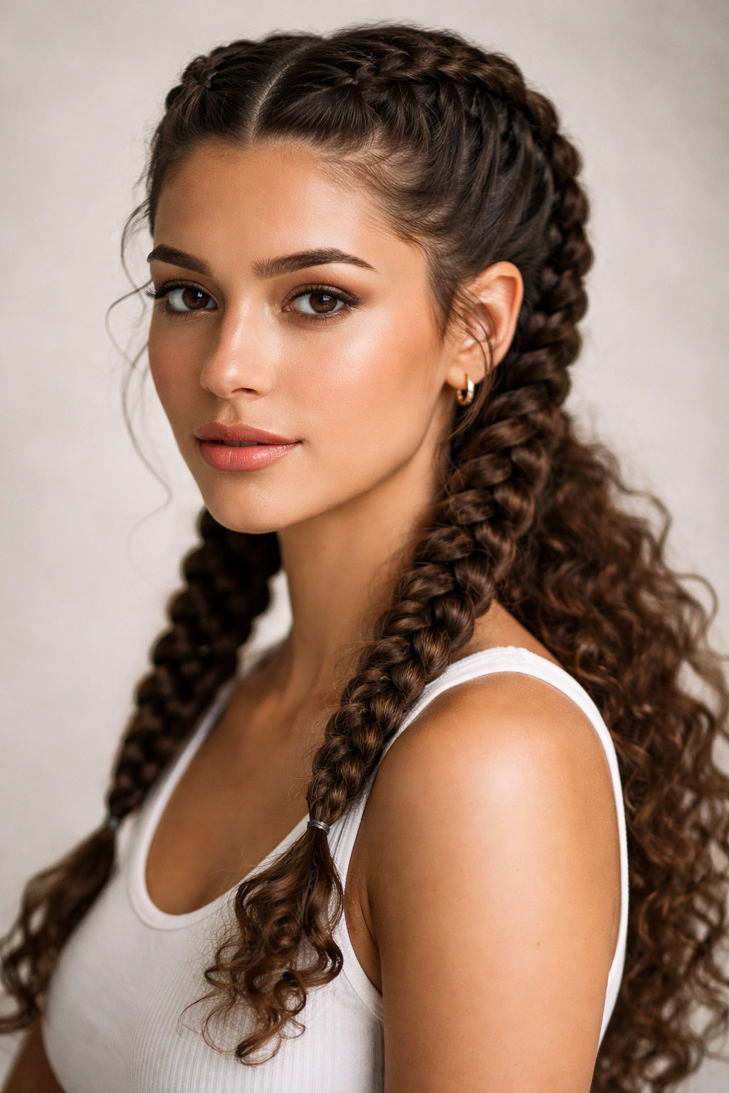 Two raised Dutch braids along scalp with long curly hair