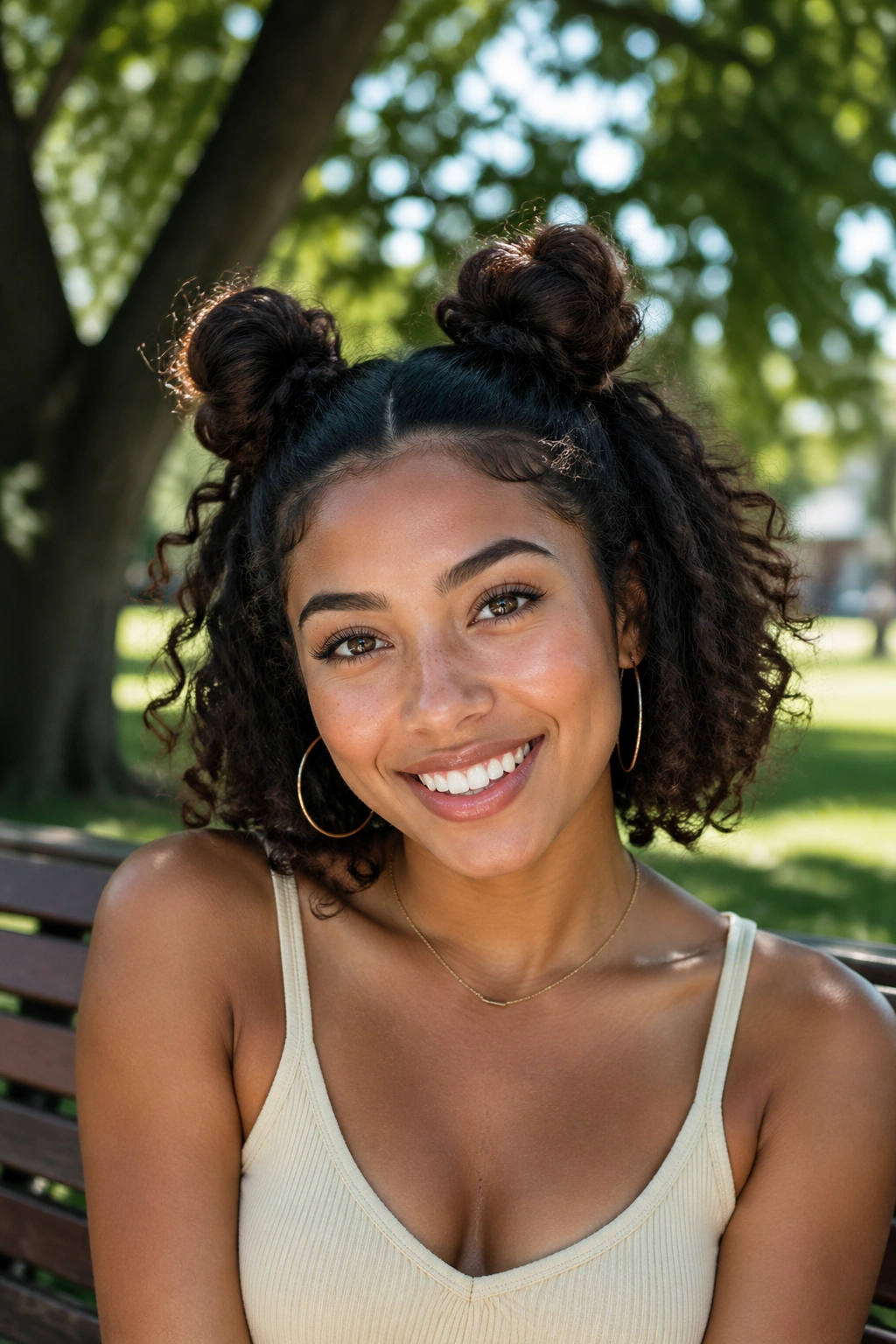 Portrait of a real woman with two mini buns on a curly bob, natural light.